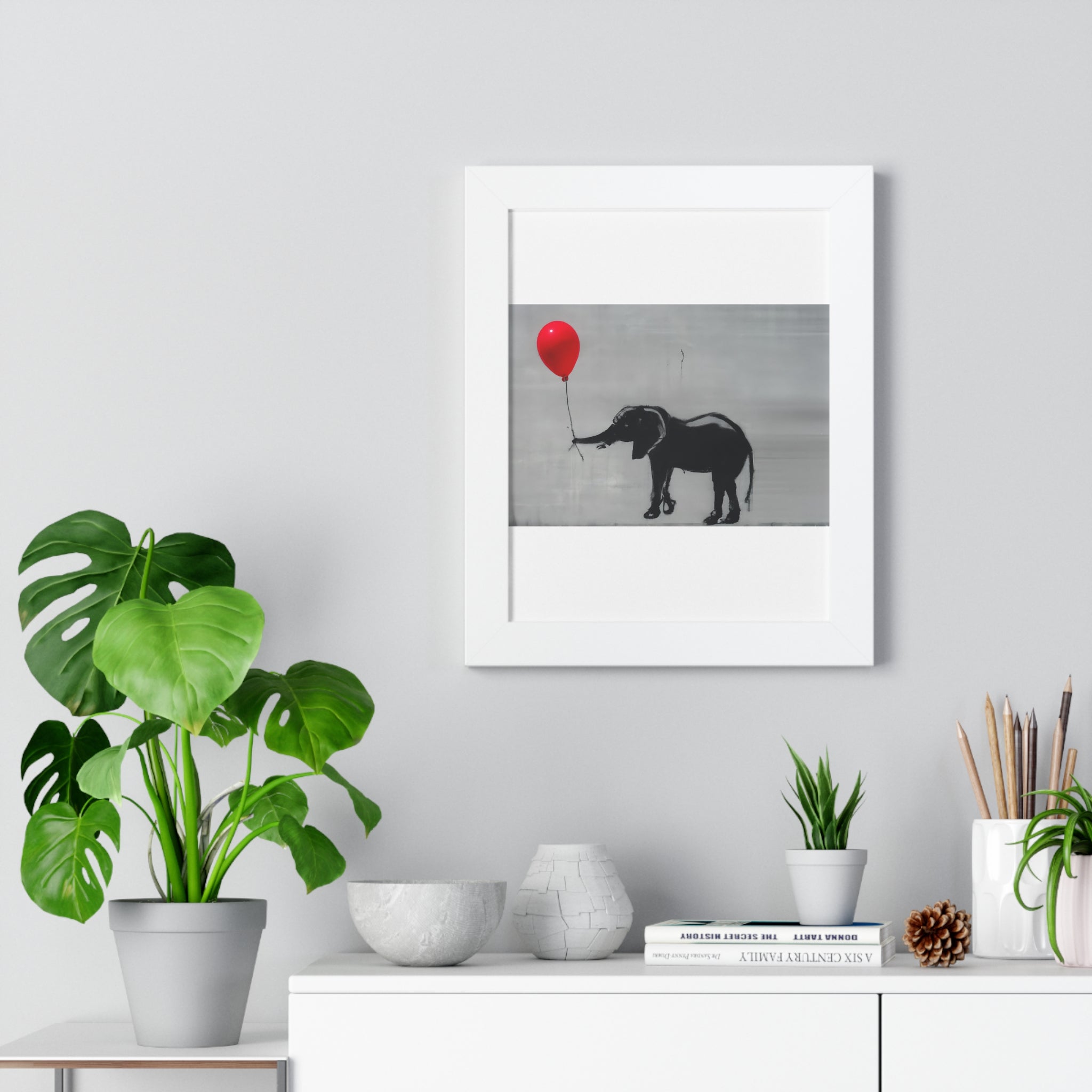 "BANKSY-STYLE ELEPHANT HOLDING A RED BALLOON" Framed Vertical Poster