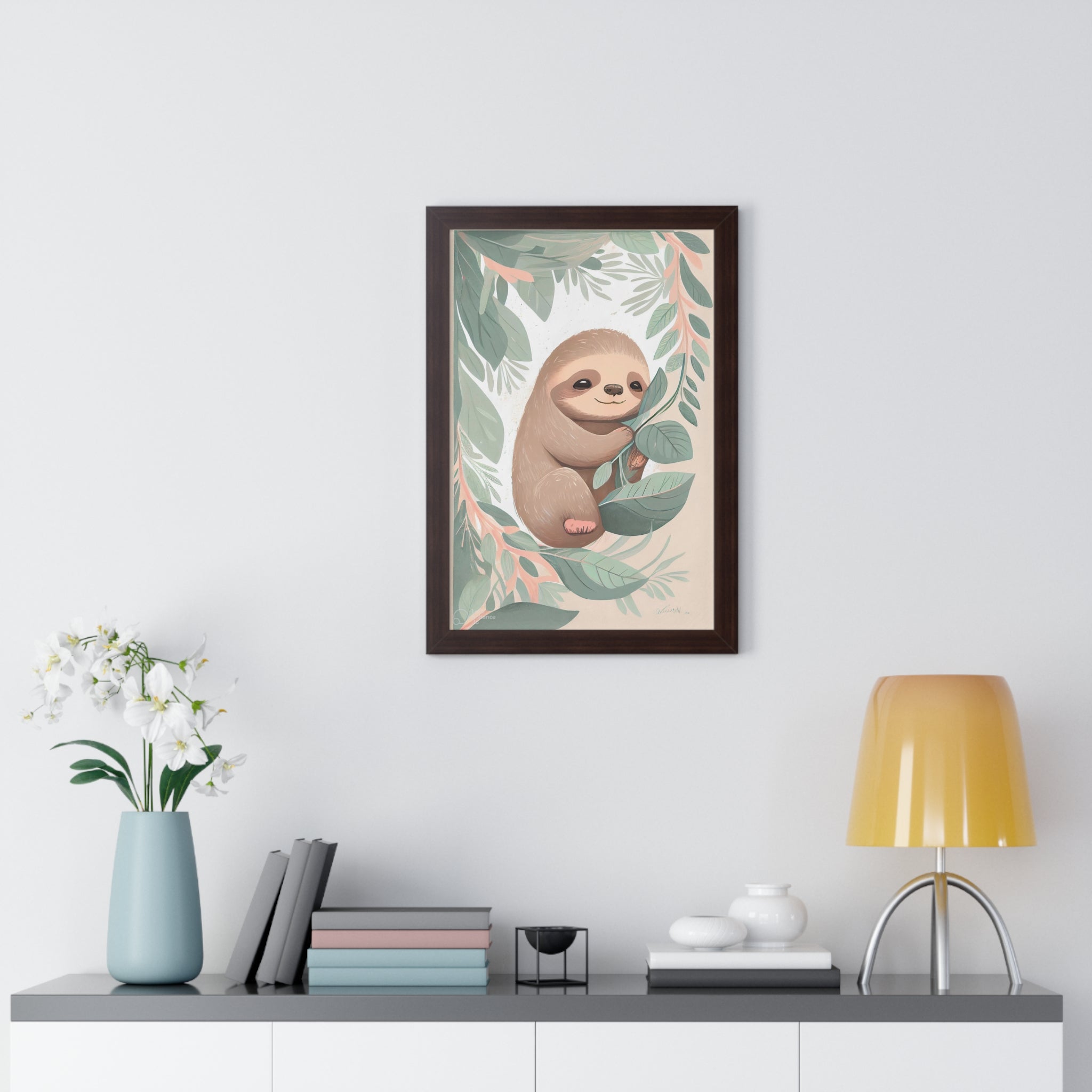 "ABSTRACT BABY SLOTH ON LEAF" Framed Vertical Poster