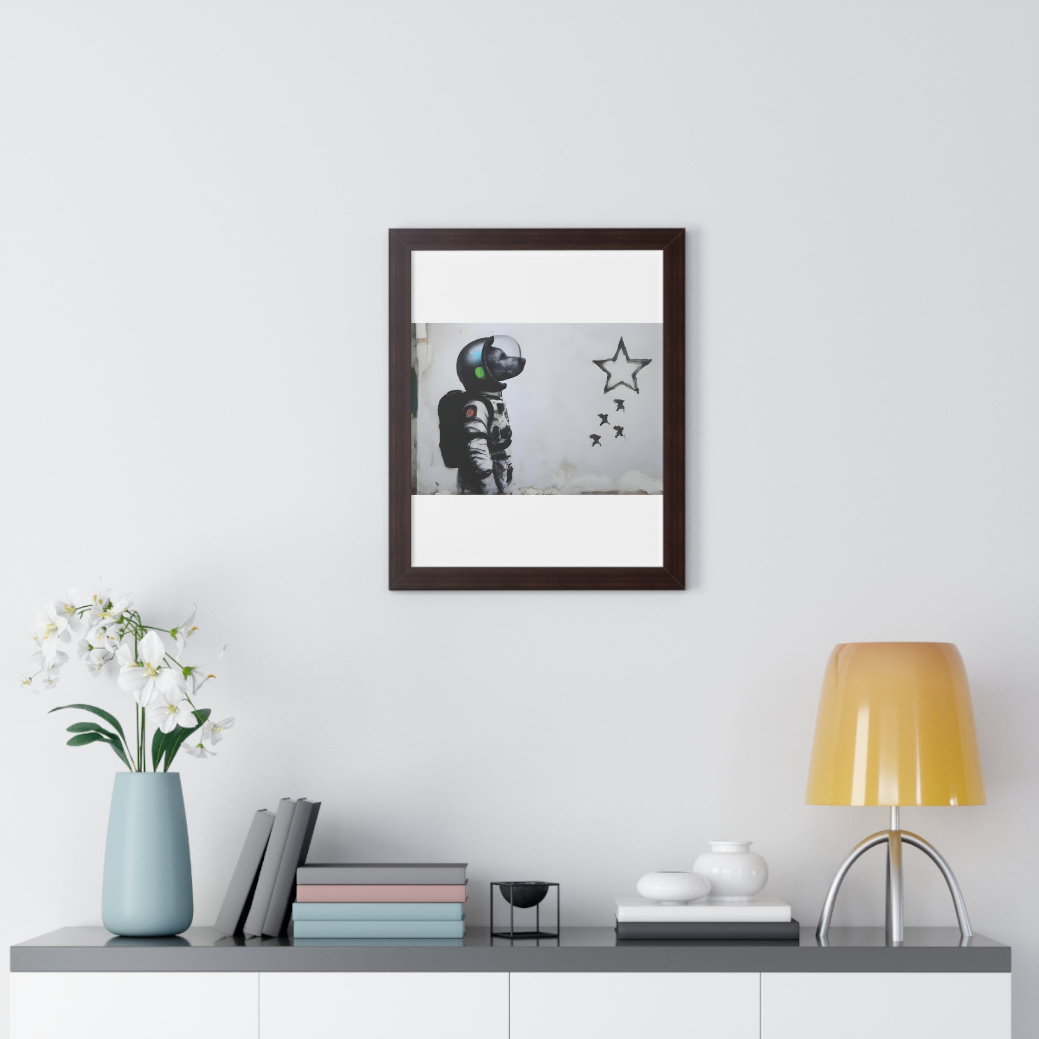 "BANKSY-STYLE ASTRONAUT DOG LOOKING TO THE STARS" Framed Vertical Poster