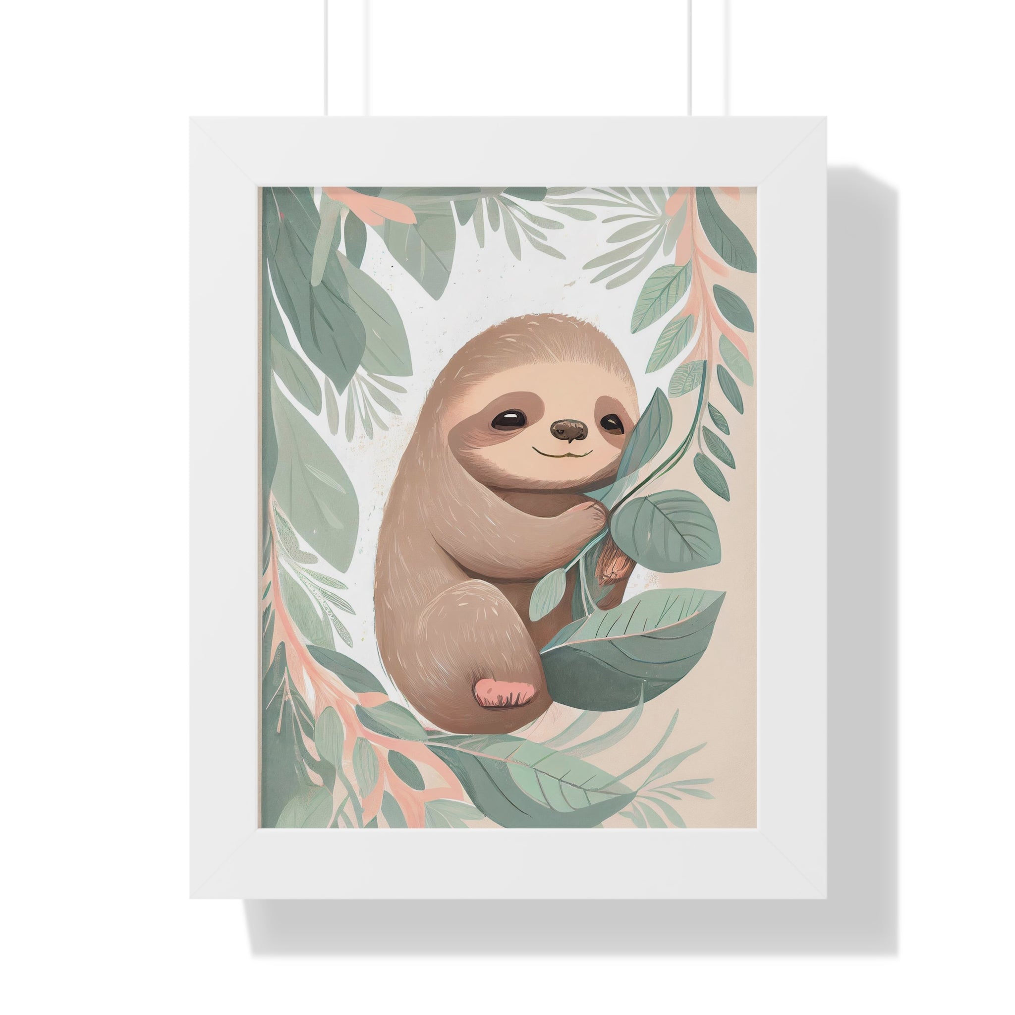 "ABSTRACT BABY SLOTH ON LEAF" Framed Vertical Poster