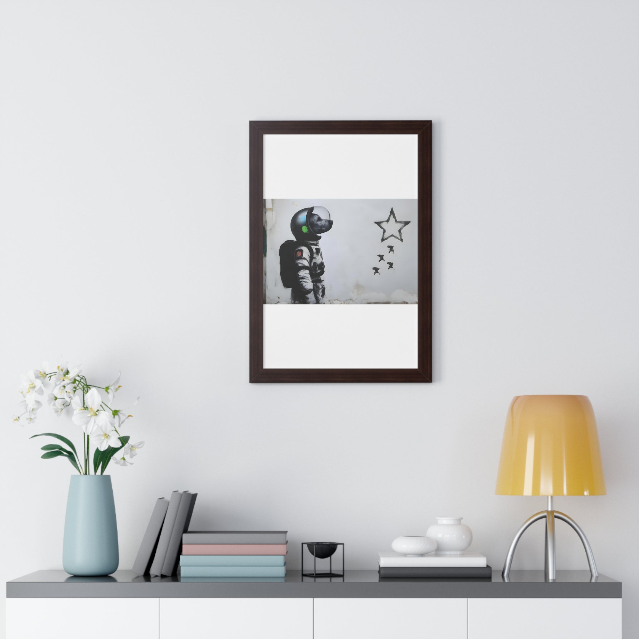 "BANKSY-STYLE ASTRONAUT DOG LOOKING TO THE STARS" Framed Vertical Poster