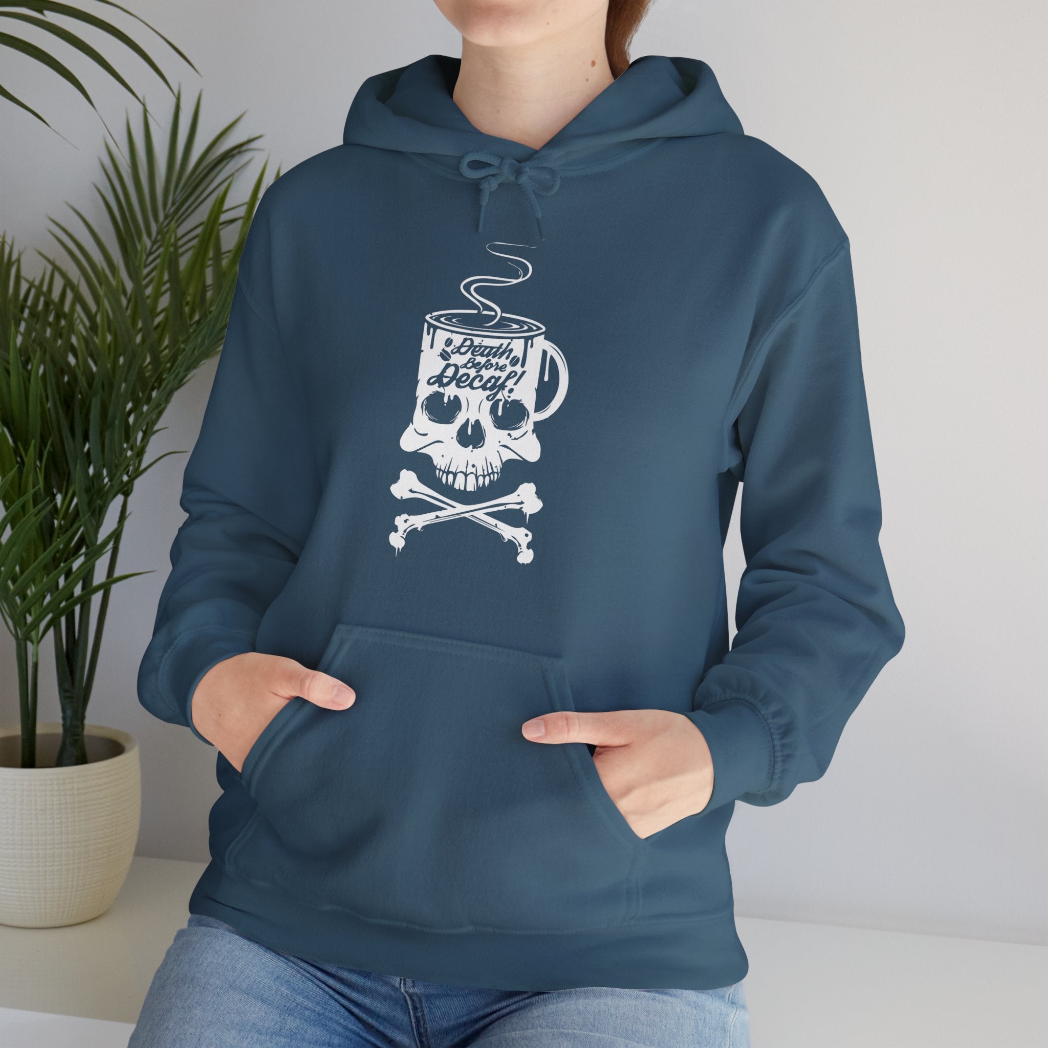 "DEATH BEFORE DECAF!" Unisex Heavy Blend™ Hooded Sweatshirt