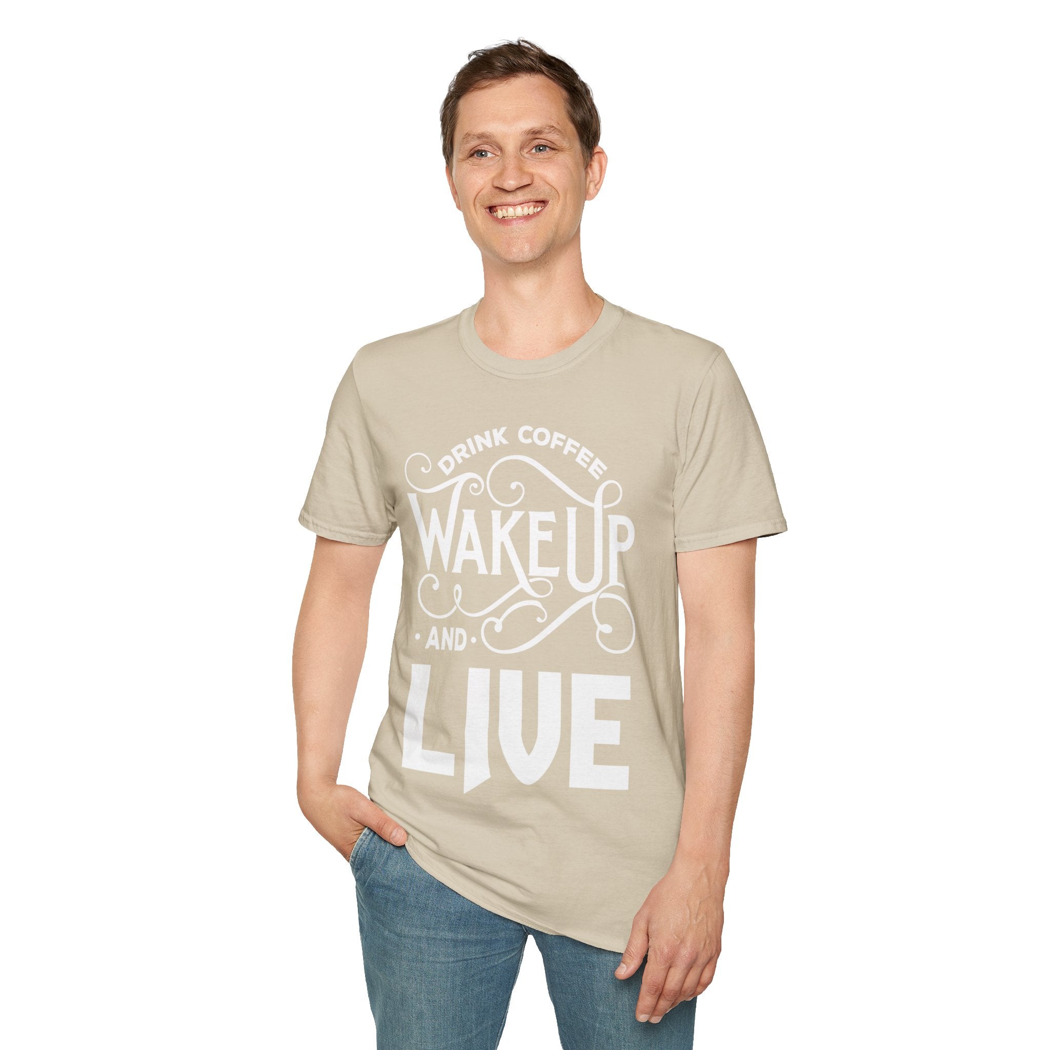 "DRINK COFFEE WAKE UP AND LIVE" Unisex Soft style T-Shirt