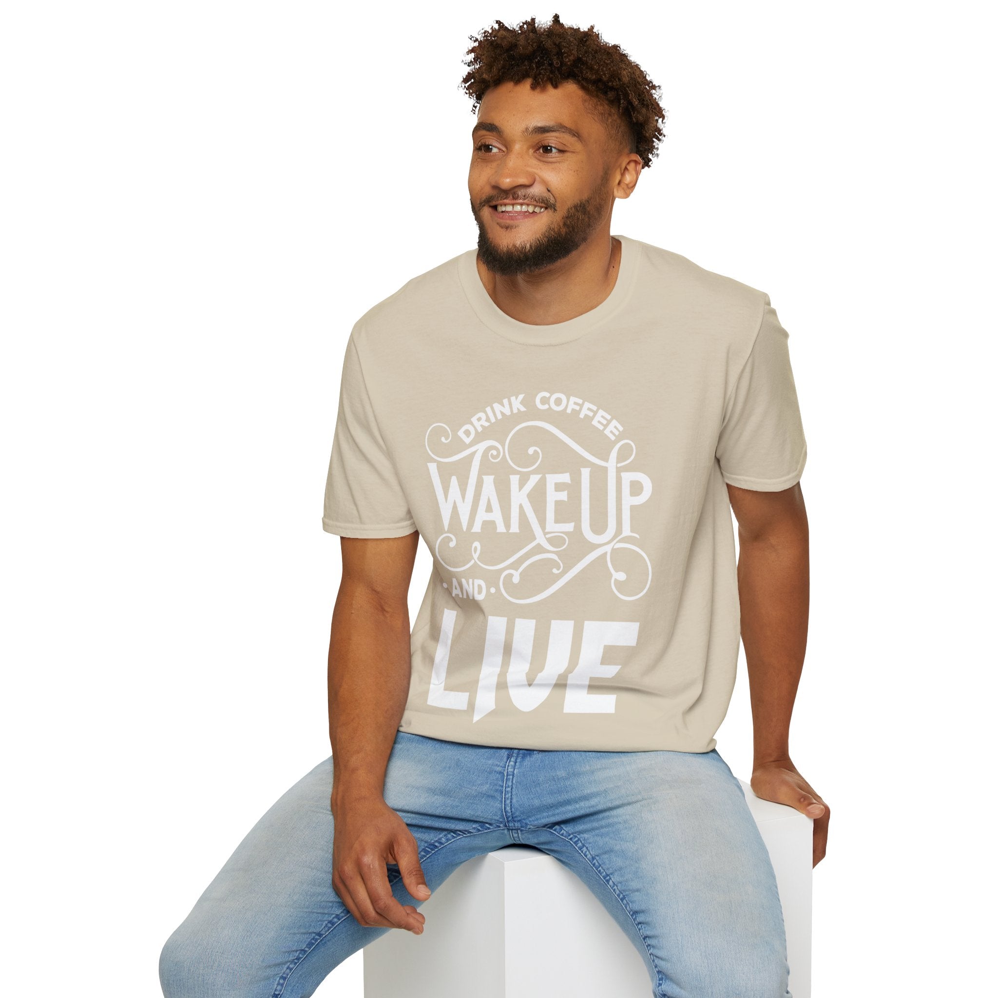 "DRINK COFFEE WAKE UP AND LIVE" Unisex Soft style T-Shirt