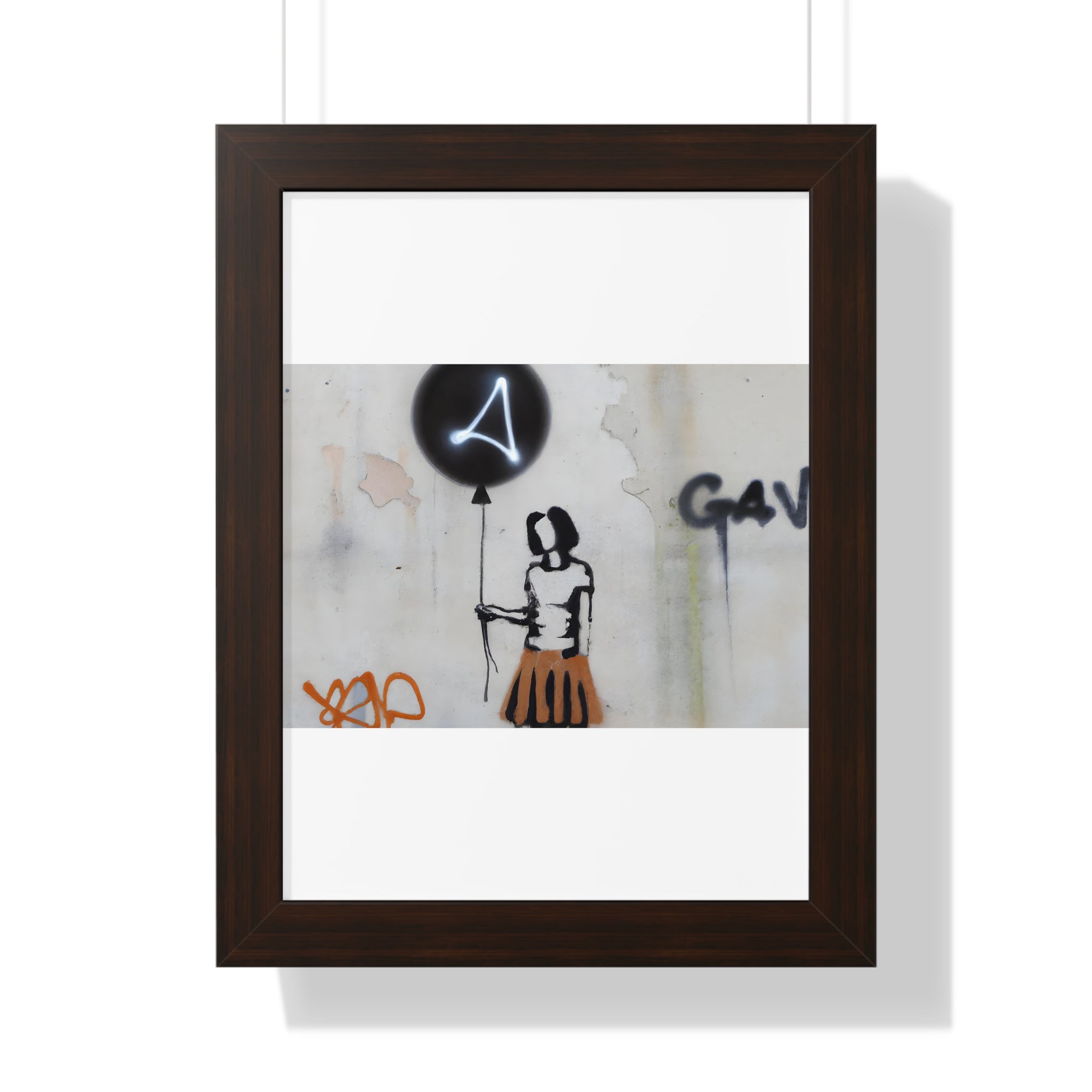 "BANKSY-STYLE GRAFFITI OF A WOMAN IN SKIRT HOLDING A BALLOON" Framed Vertical Poster