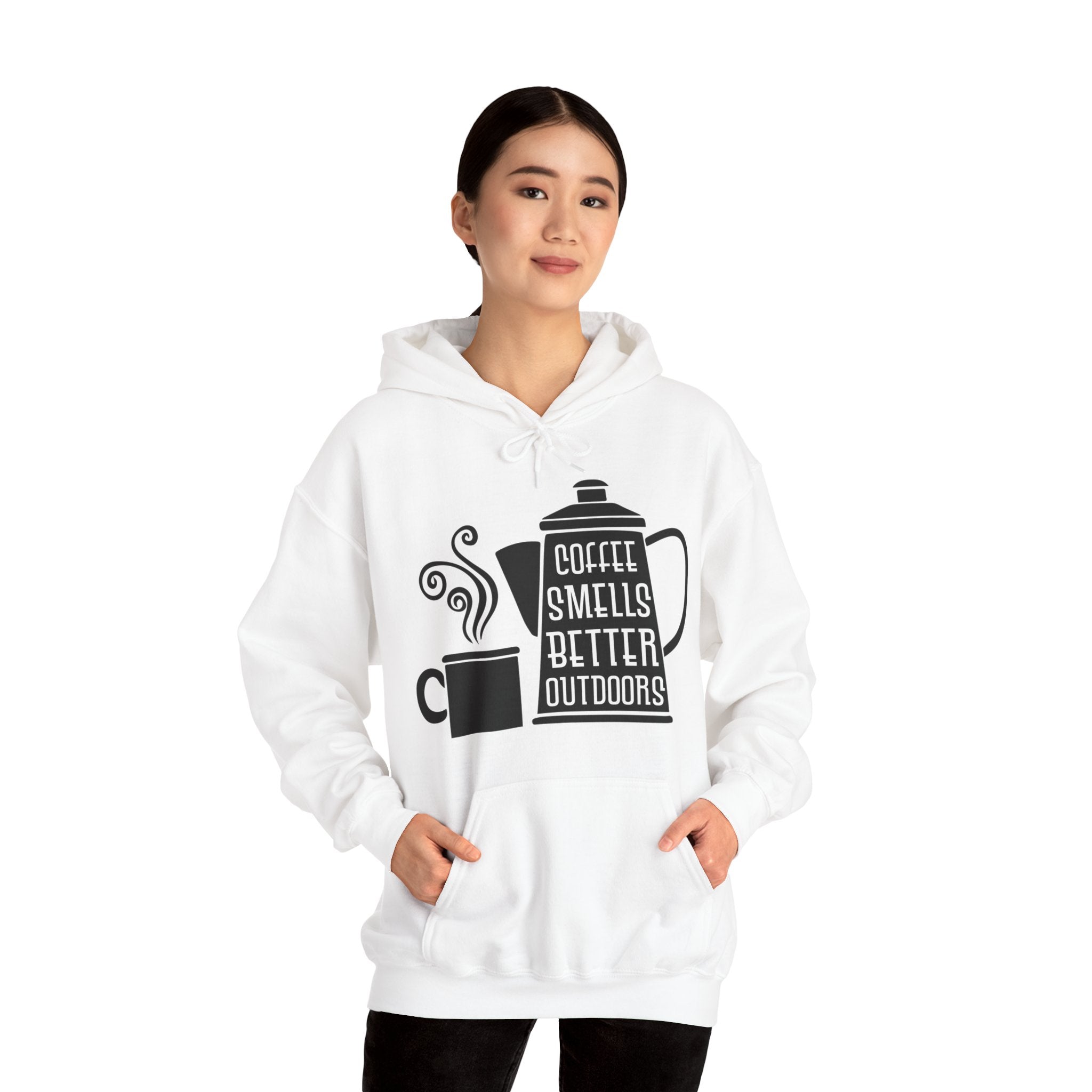 "COFFEE SMELLS BETTER OUTDOORS" Unisex Heavy Blend™ Hooded Sweatshirt