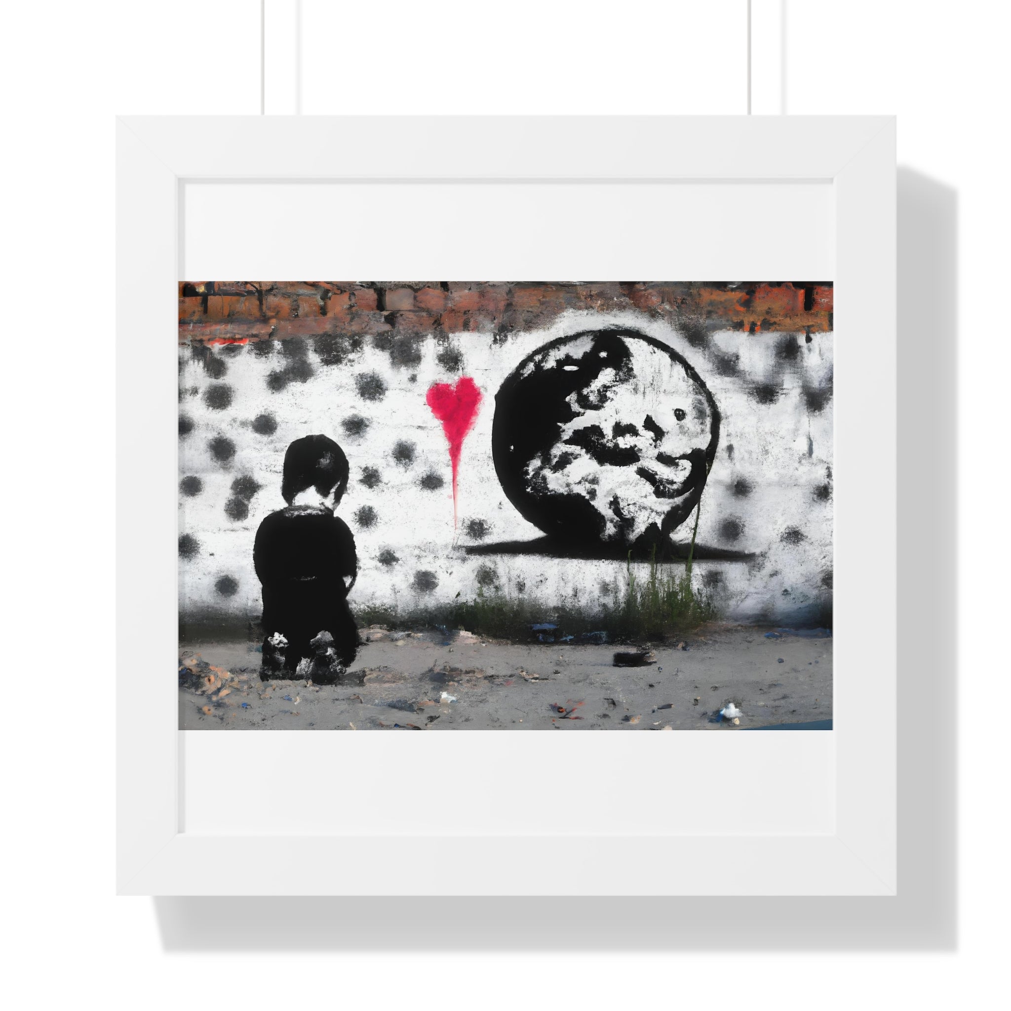 "BANKSY-STYLE GRAFFITI OF A SAD CHILD LOOKING AT DESTROYED EARTH" Framed Vertical Poster