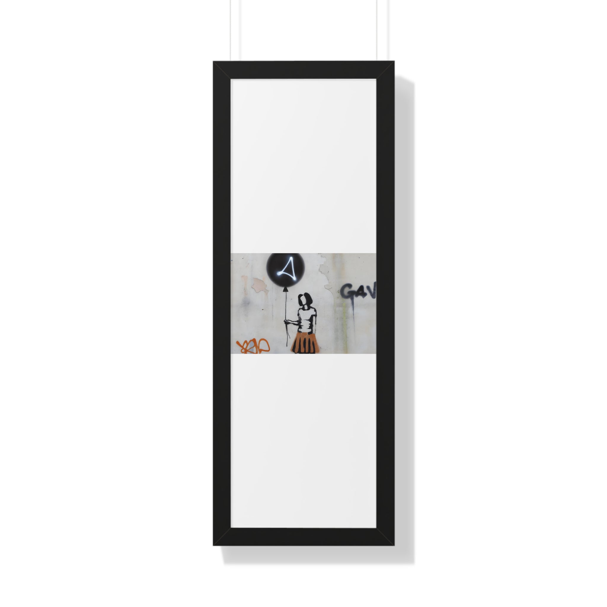 "BANKSY-STYLE GRAFFITI OF A WOMAN IN SKIRT HOLDING A BALLOON" Framed Vertical Poster