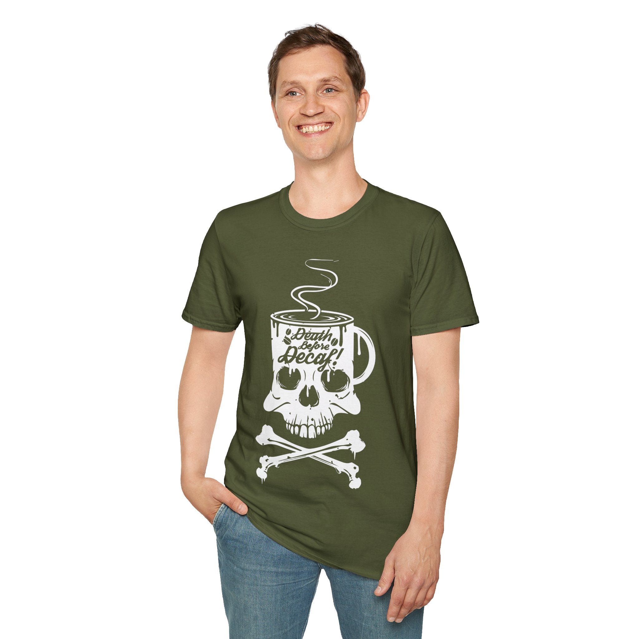 "DEATH BEFORE DECAF!" Unisex Soft style T-Shirt