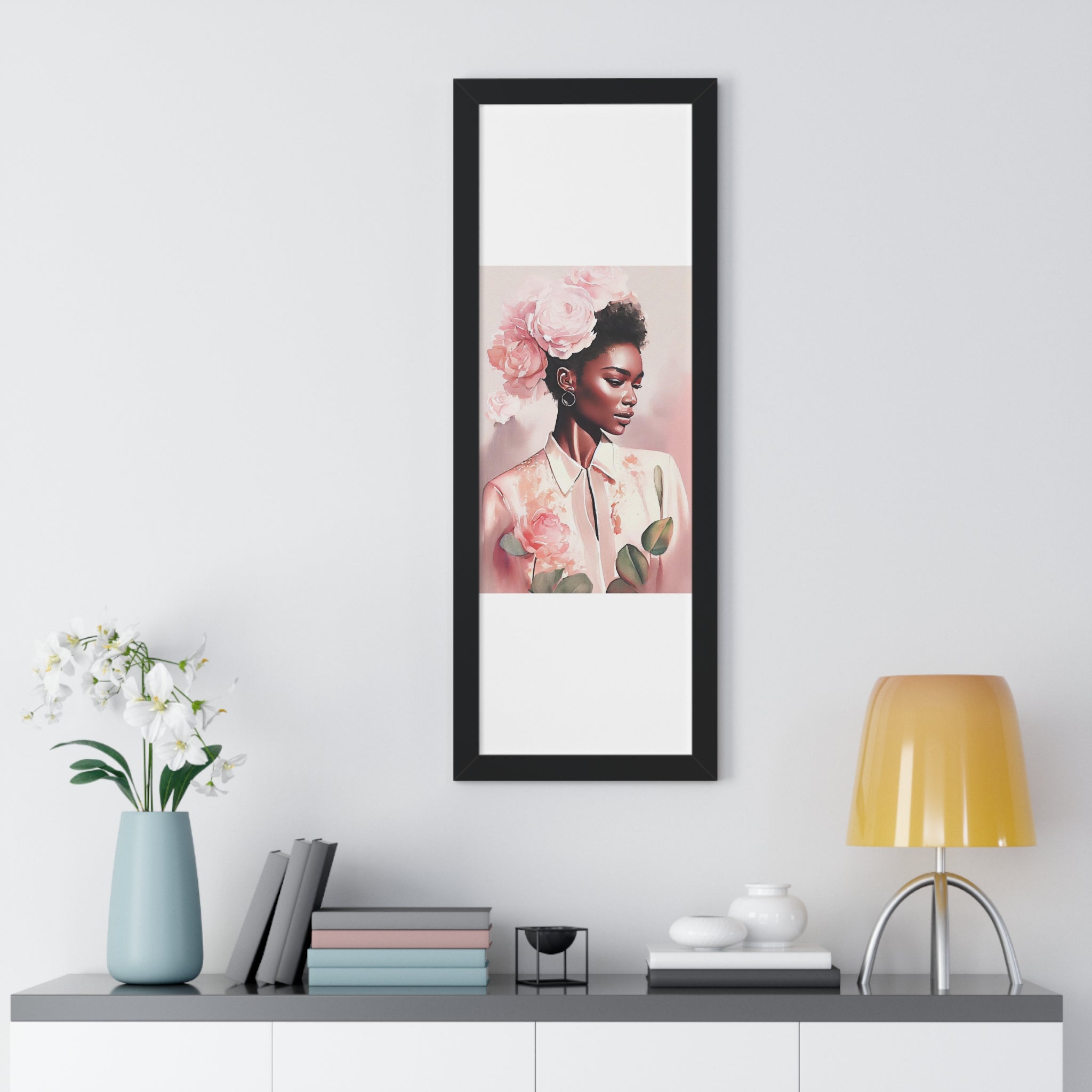 "BLACK WOMAN PEONIES" Framed Vertical Poster