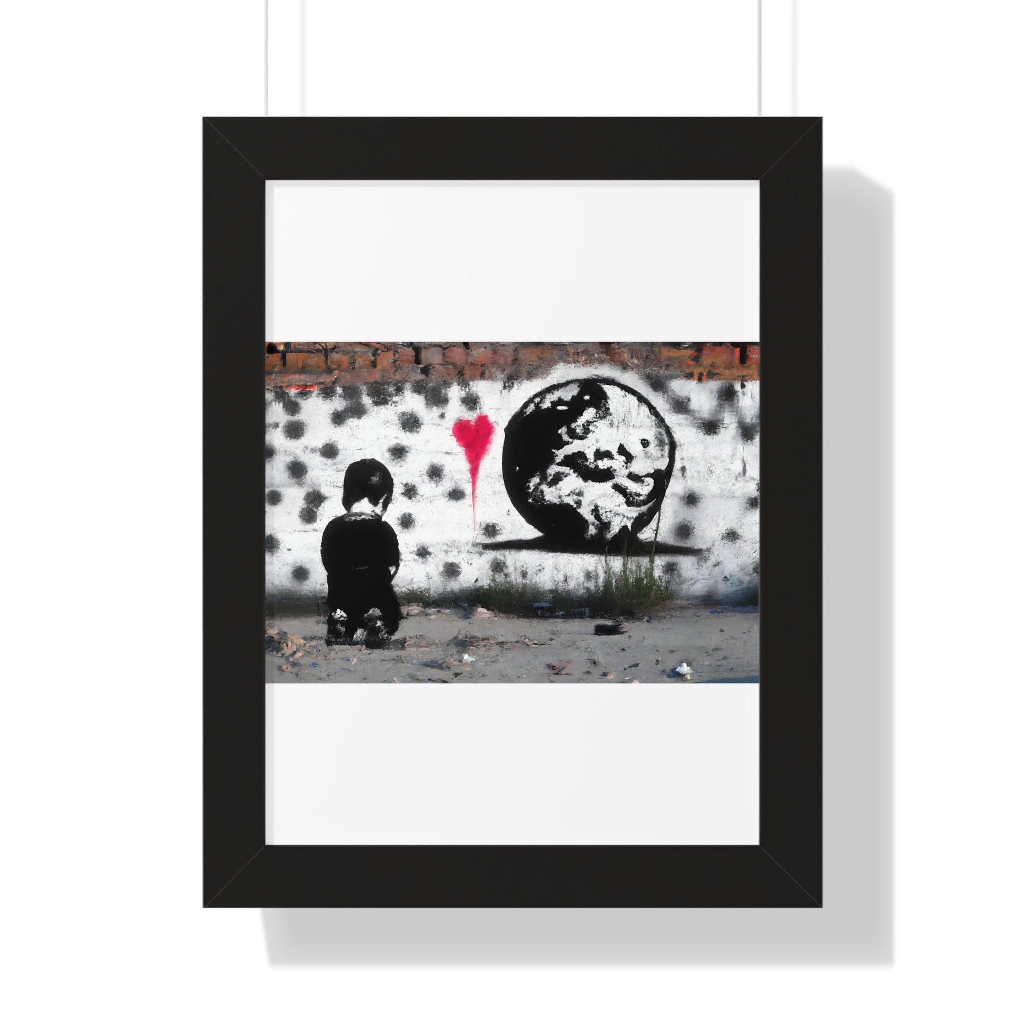 "BANKSY-STYLE GRAFFITI OF A SAD CHILD LOOKING AT DESTROYED EARTH" Framed Vertical Poster