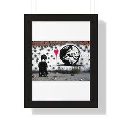 "BANKSY-STYLE GRAFFITI OF A SAD CHILD LOOKING AT DESTROYED EARTH" Framed Vertical Poster