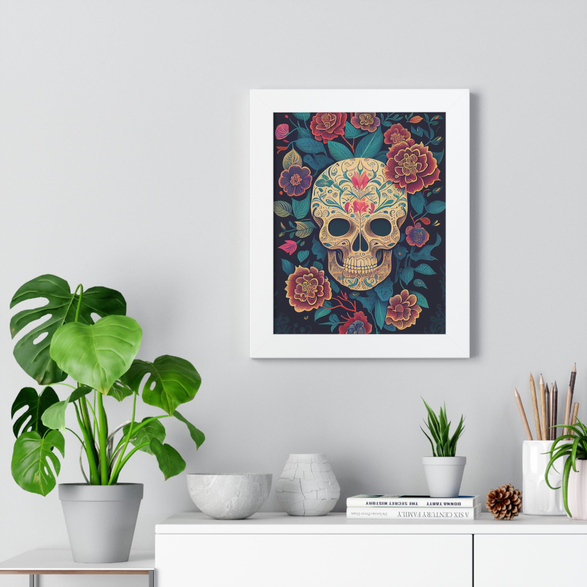 "BEIGE CHINOISERIE SUGAR SKULL" Framed Vertical Poster