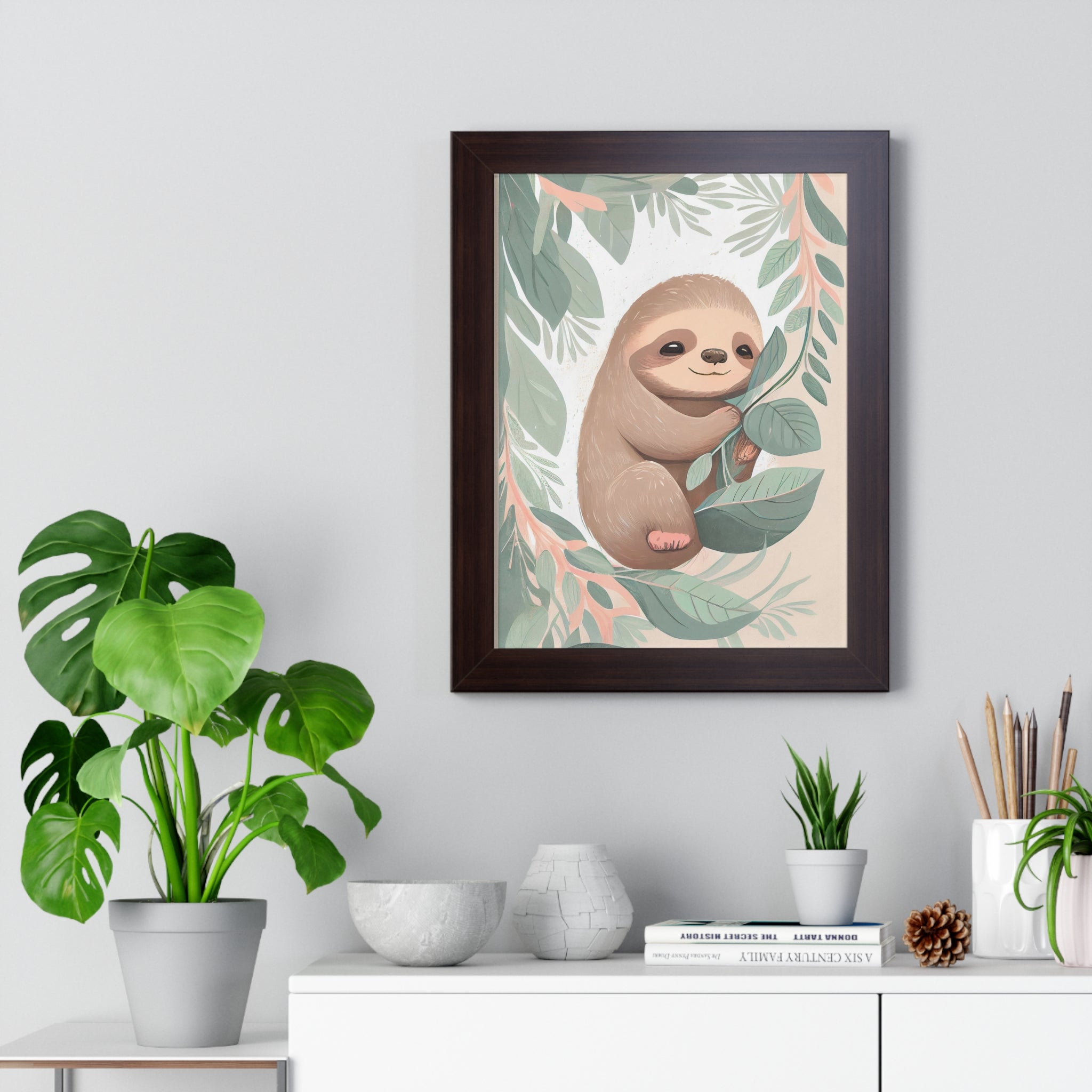 "ABSTRACT BABY SLOTH ON LEAF" Framed Vertical Poster