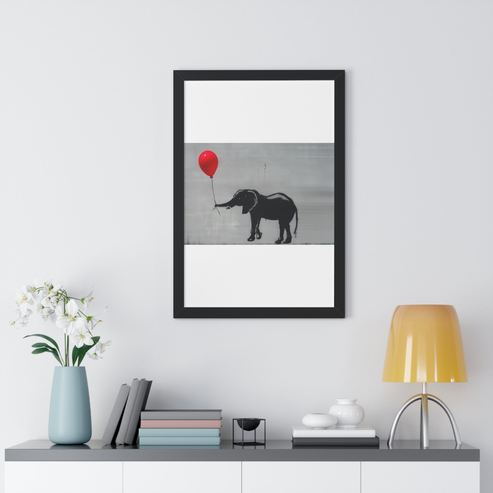 "BANKSY-STYLE ELEPHANT HOLDING A RED BALLOON" Framed Vertical Poster