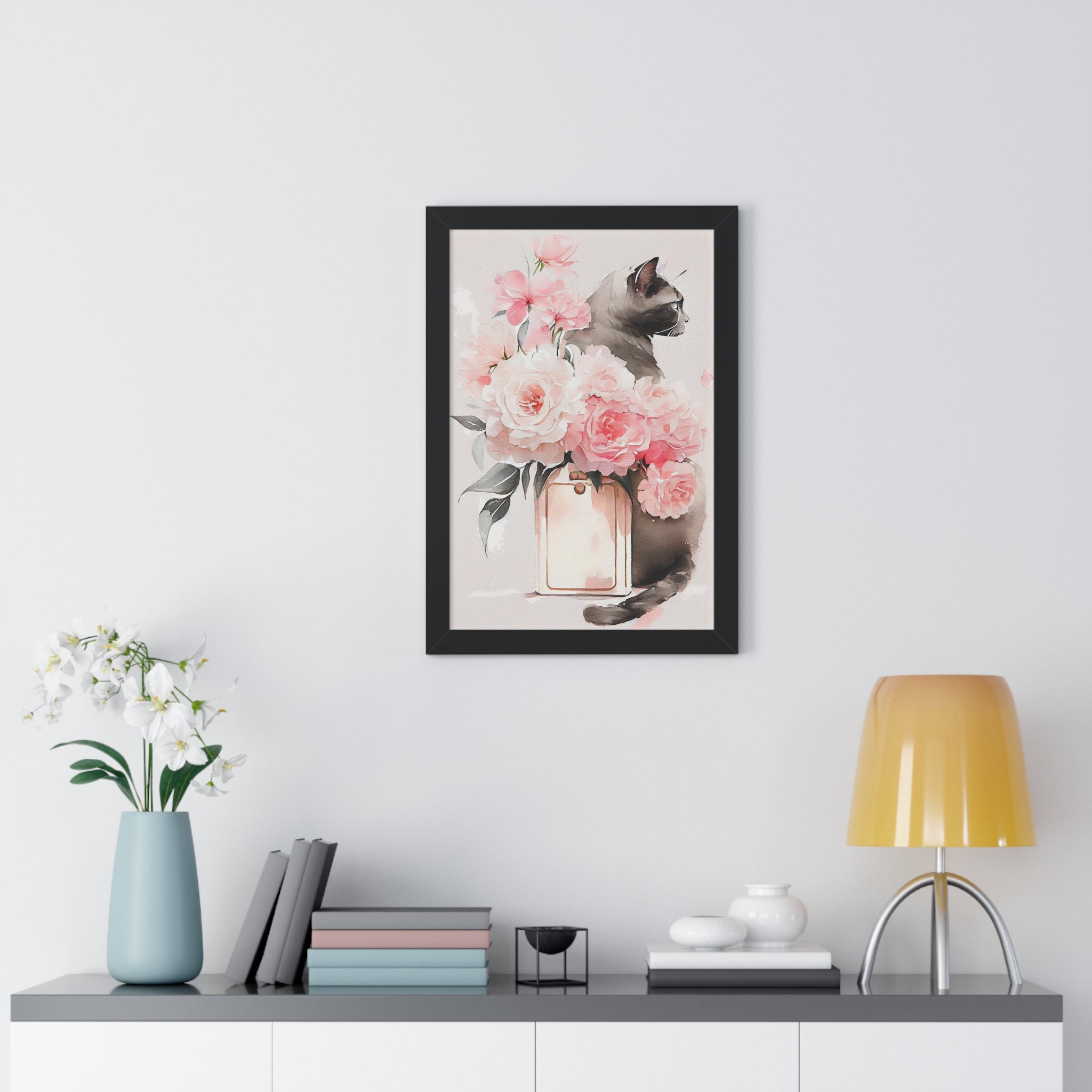 "BLACK CAT PERFUME PEONIES" Framed Vertical Poster