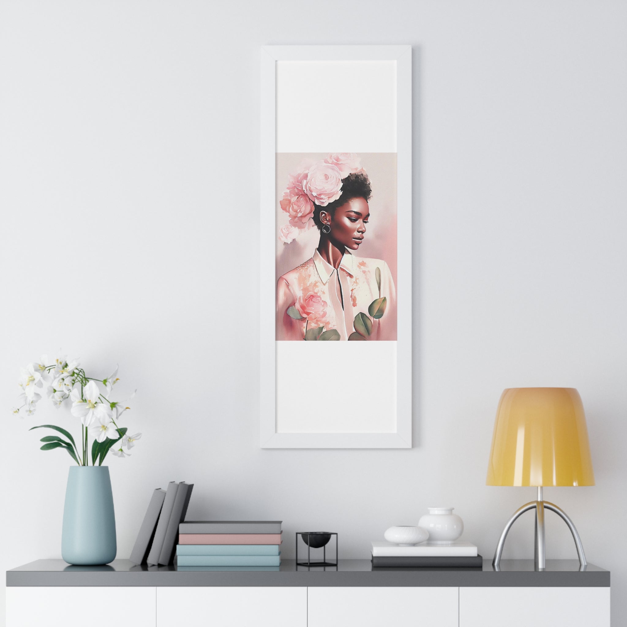 "BLACK WOMAN PEONIES" Framed Vertical Poster