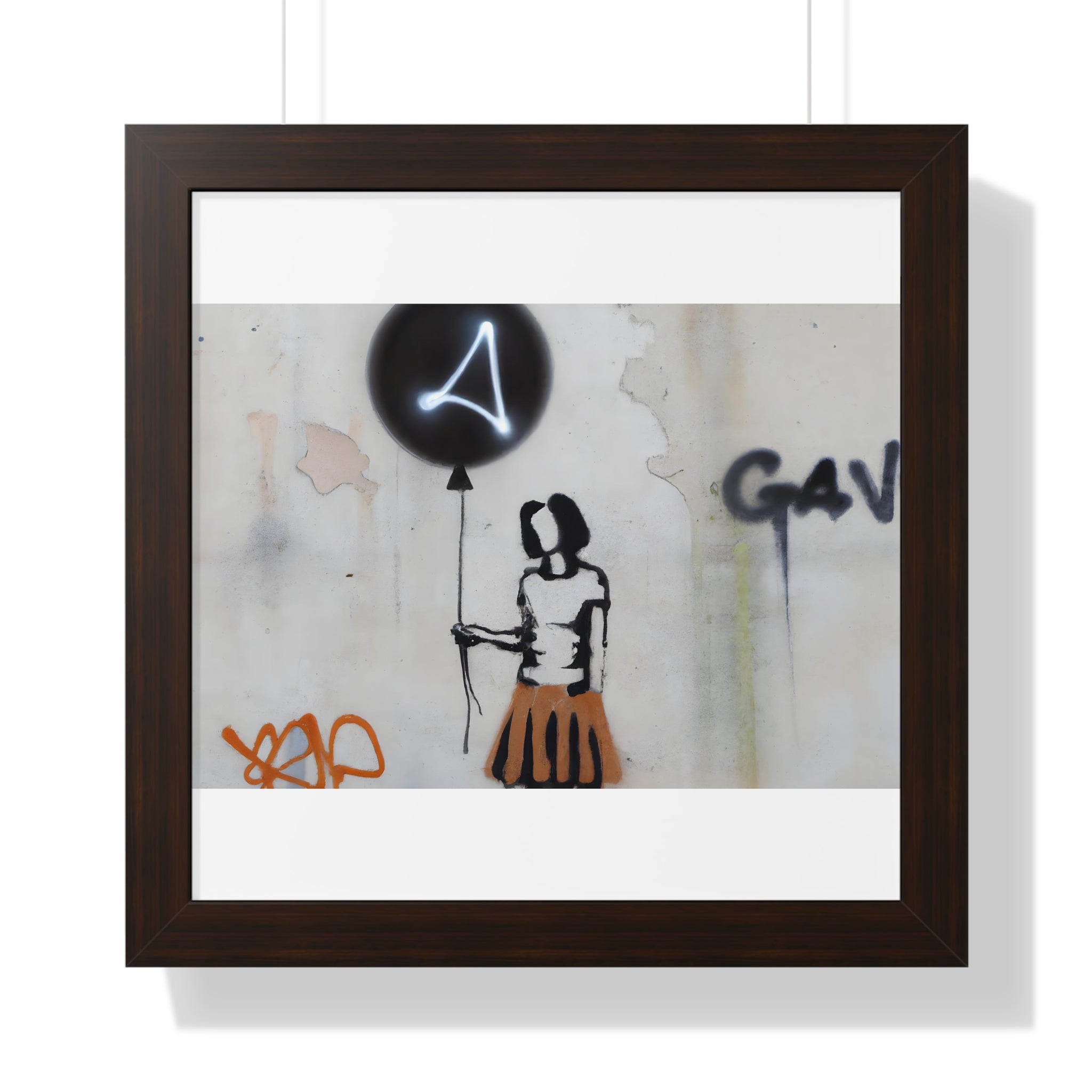 "BANKSY-STYLE GRAFFITI OF A WOMAN IN SKIRT HOLDING A BALLOON" Framed Vertical Poster