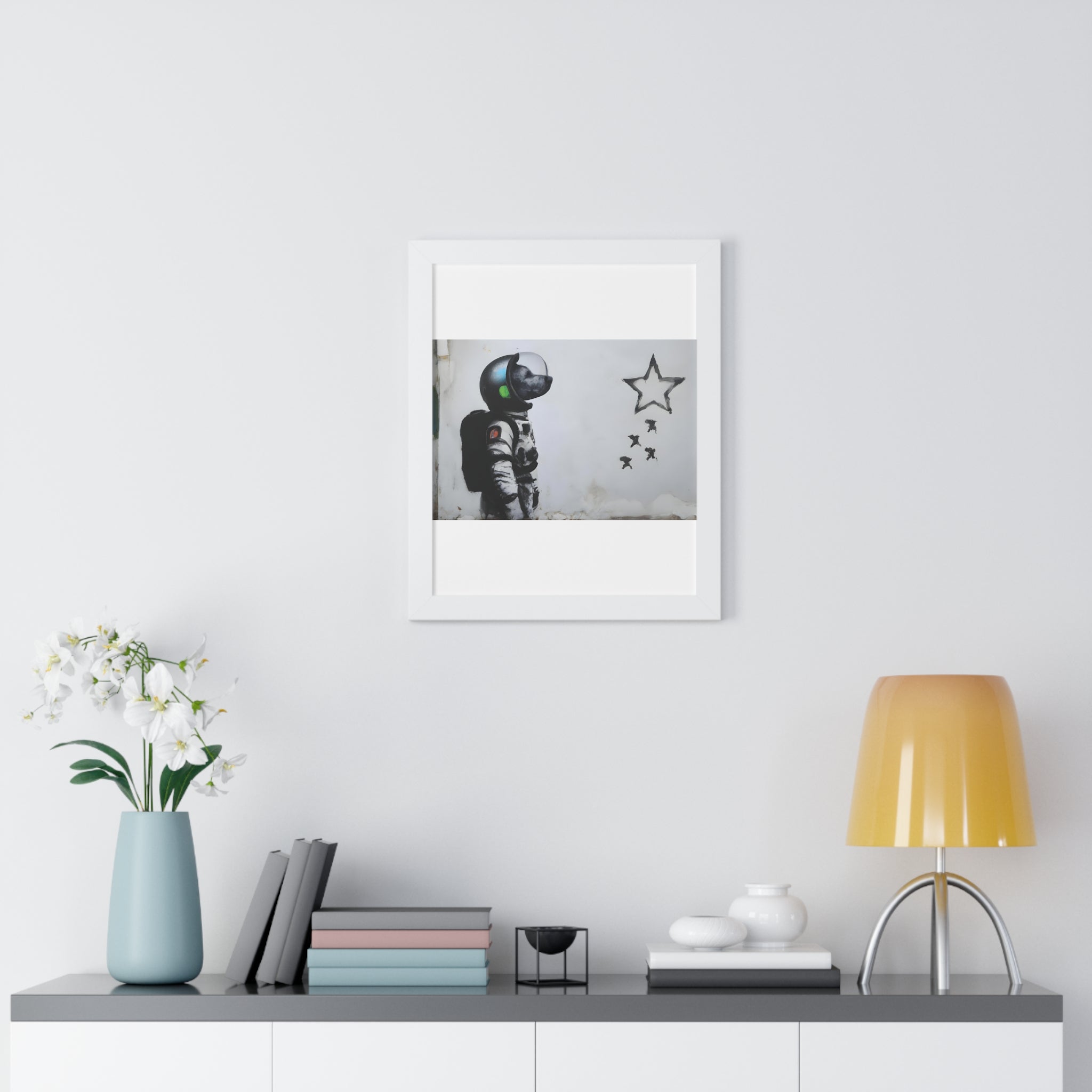 "BANKSY-STYLE ASTRONAUT DOG LOOKING TO THE STARS" Framed Vertical Poster