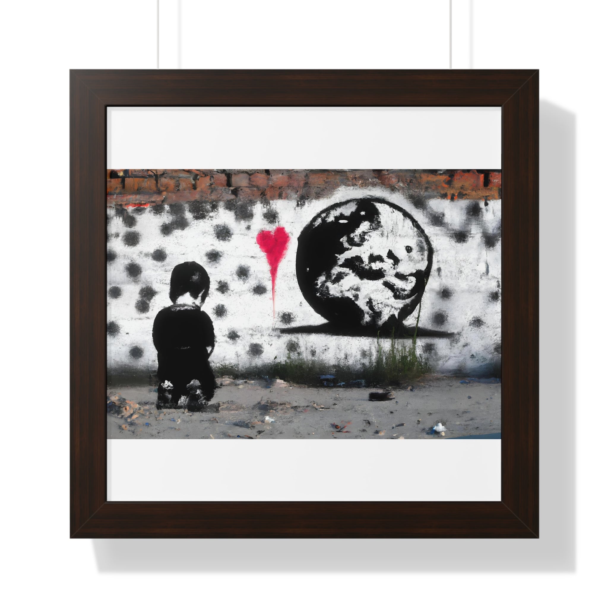 "BANKSY-STYLE GRAFFITI OF A SAD CHILD LOOKING AT DESTROYED EARTH" Framed Vertical Poster