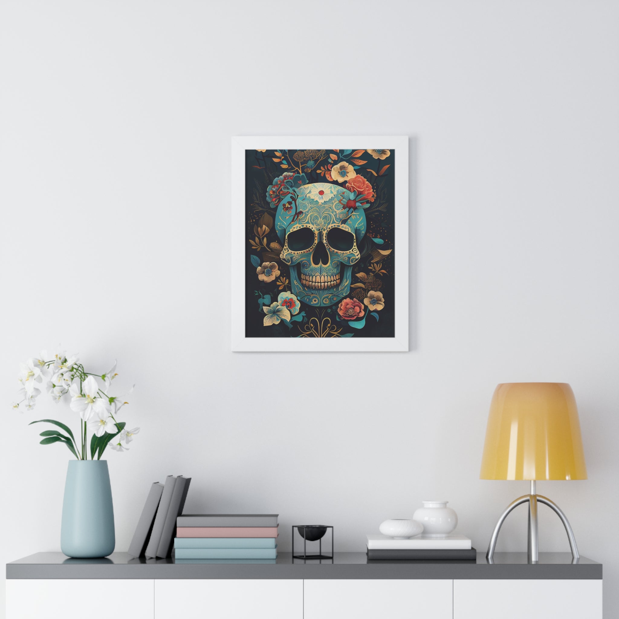 "BLUE CHINOISERIE SUGAR SKULL" Framed Vertical Poster