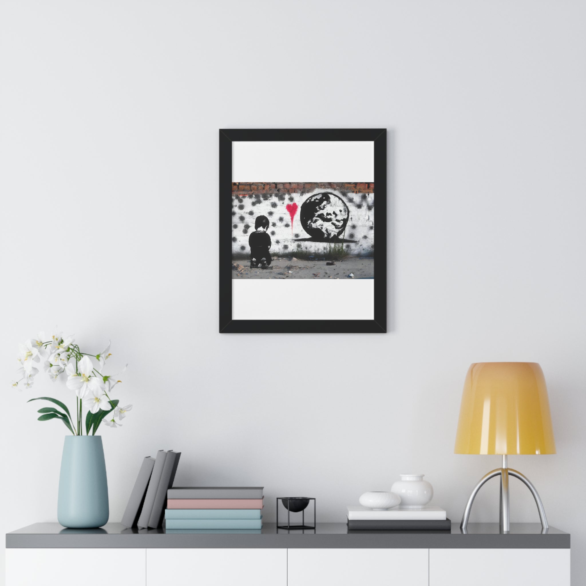 "BANKSY-STYLE GRAFFITI OF A SAD CHILD LOOKING AT DESTROYED EARTH" Framed Vertical Poster