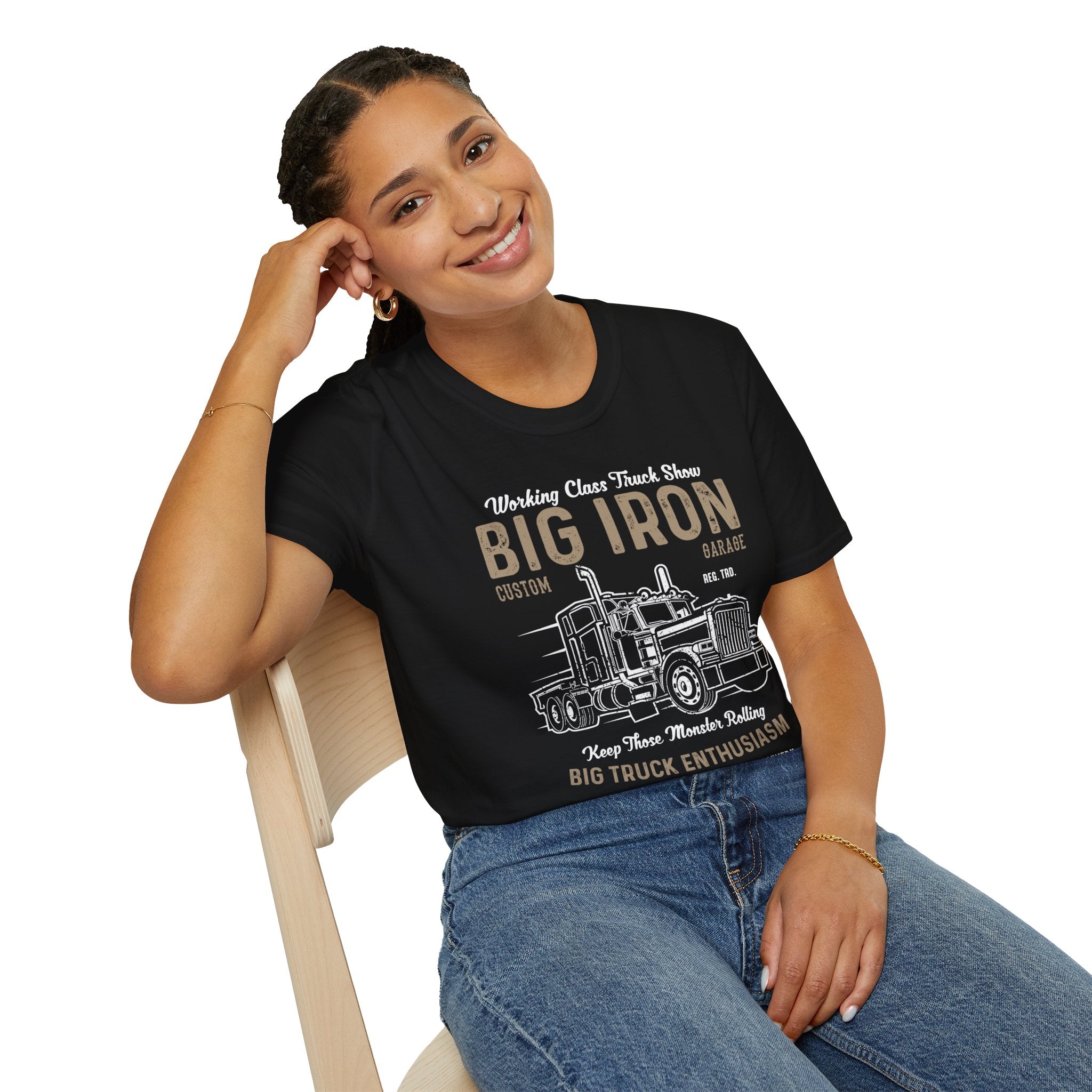 "BIG IRON CUSTOM GARAGE BIG TRUCK ENTHUSIASM" Unisex Soft style T-Shirt