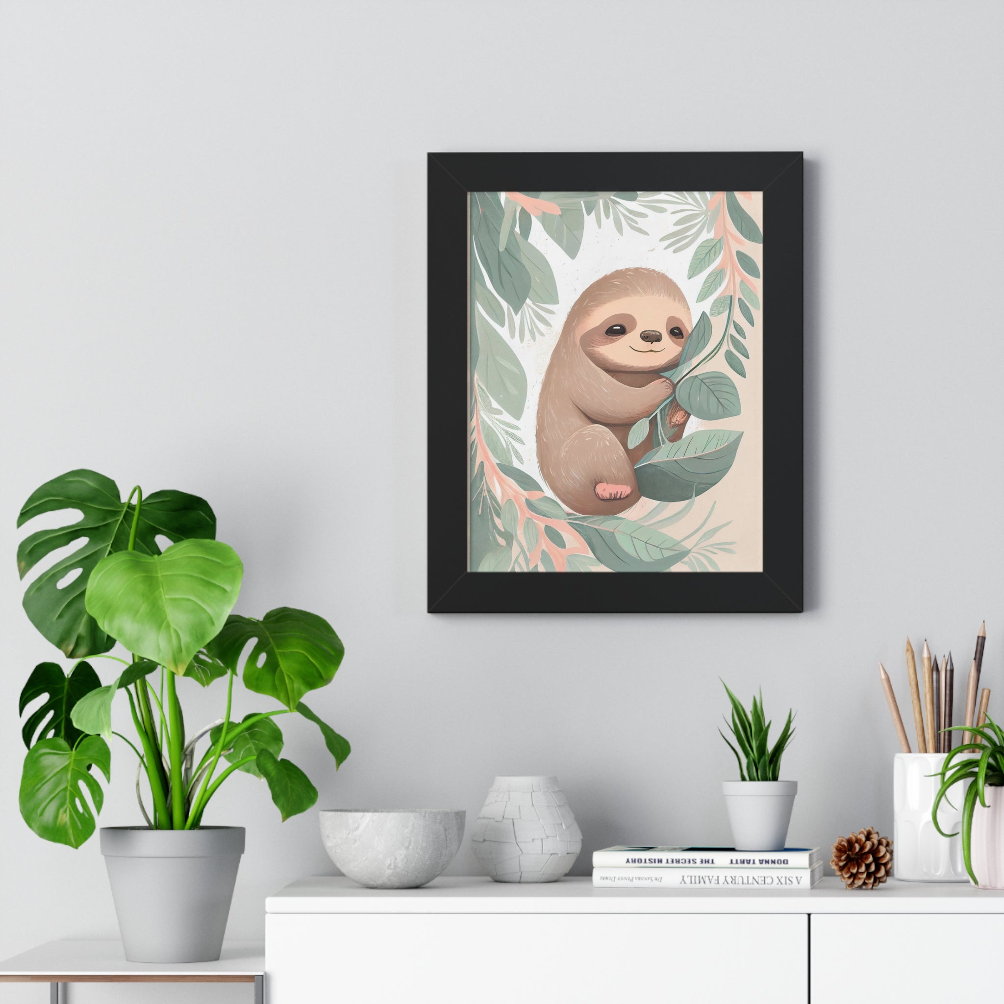 "ABSTRACT BABY SLOTH ON LEAF" Framed Vertical Poster