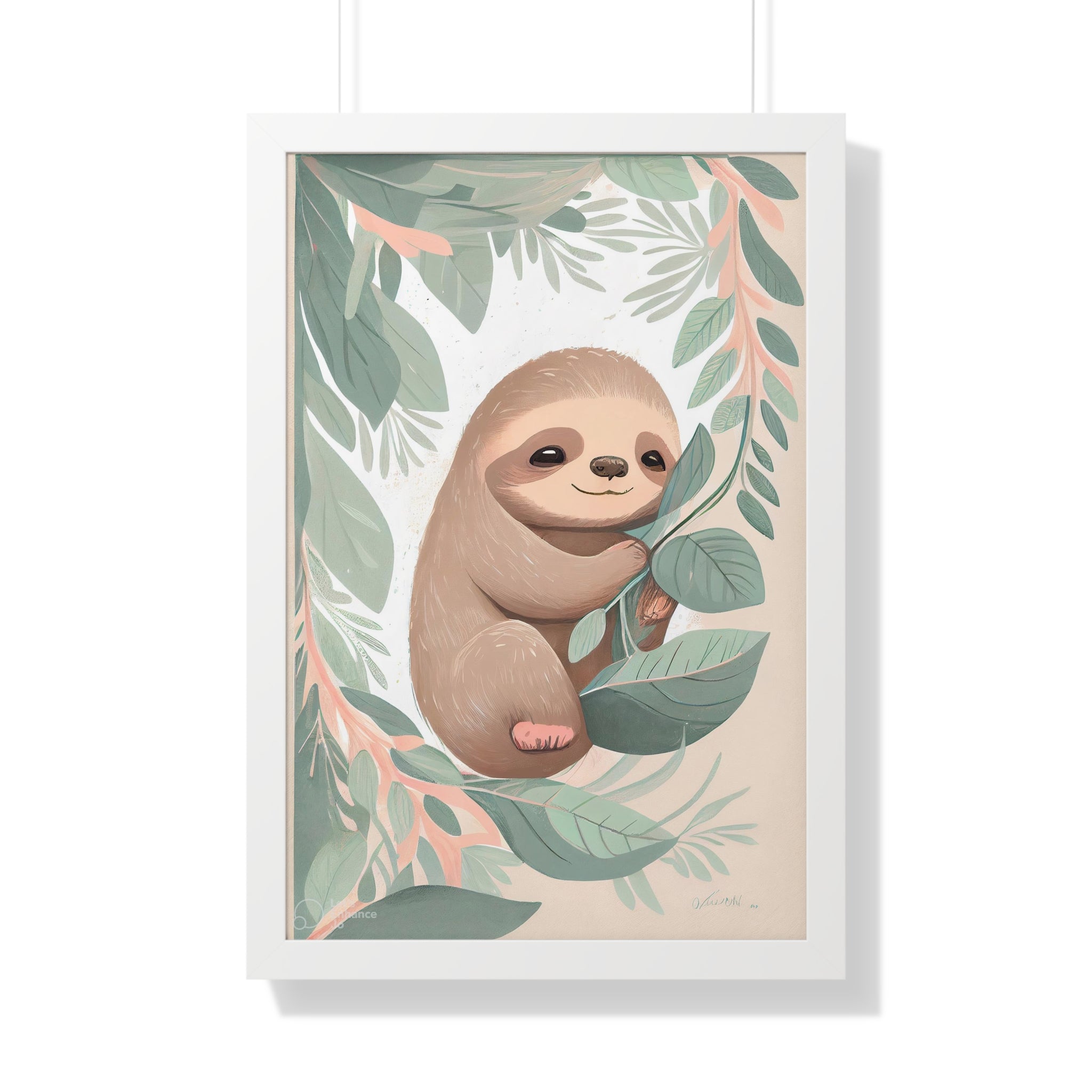 "ABSTRACT BABY SLOTH ON LEAF" Framed Vertical Poster