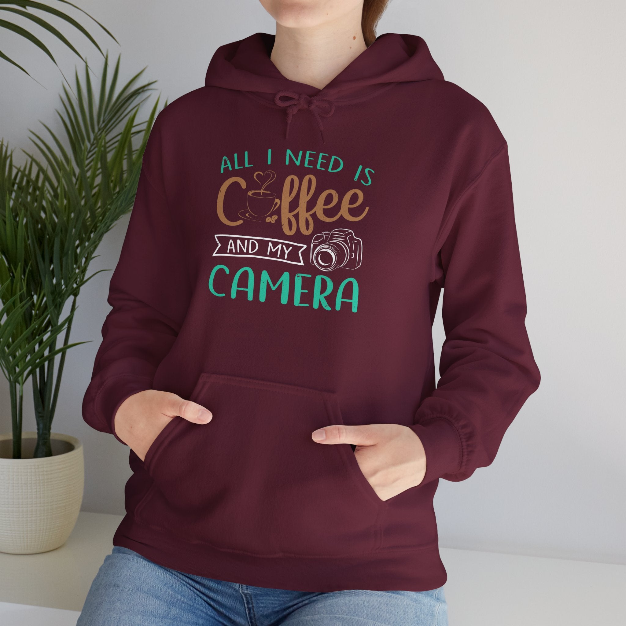 "ALL I NEED IS COFFEE AND MY CAMERA" Unisex Heavy Blend™ Hooded Sweatshirt