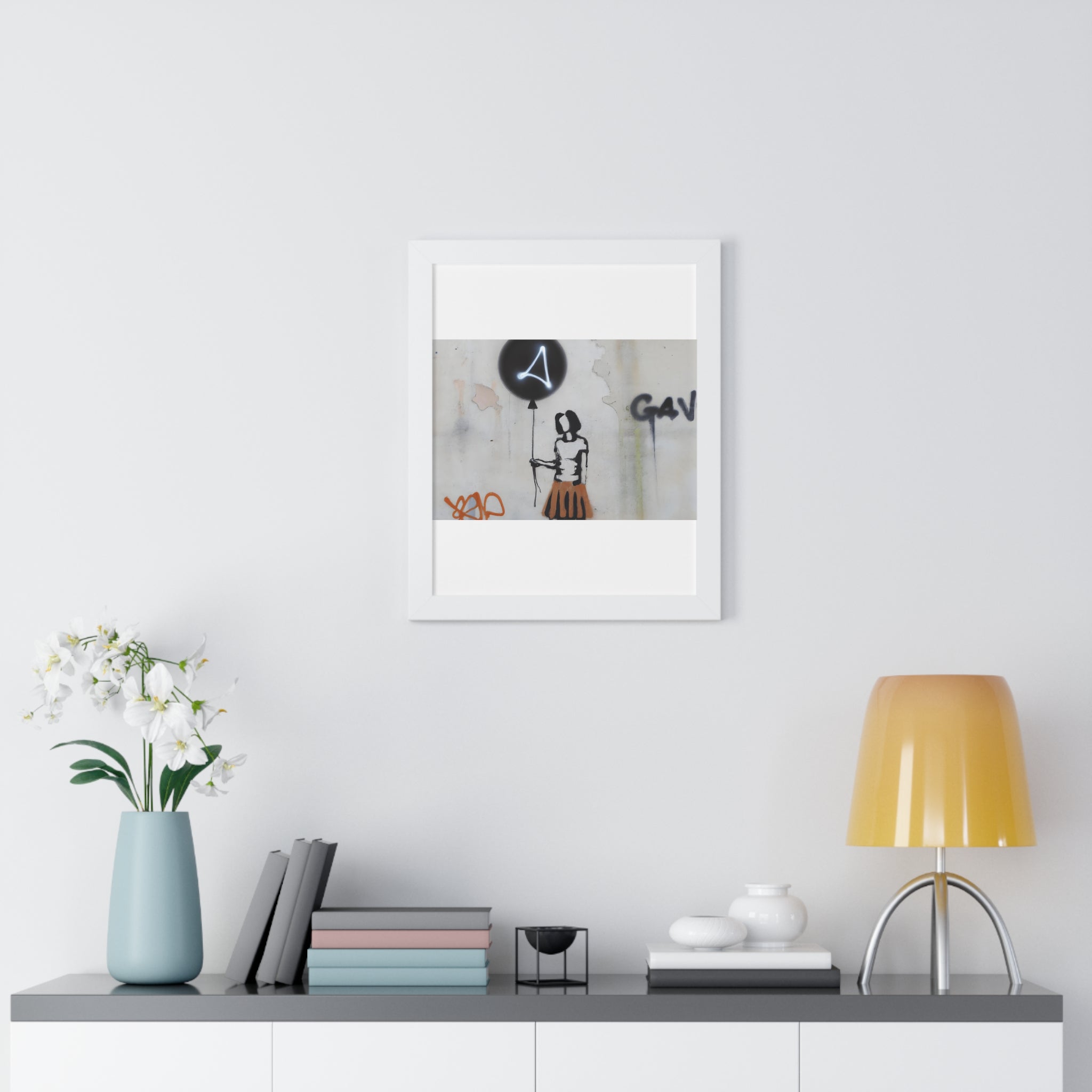 "BANKSY-STYLE GRAFFITI OF A WOMAN IN SKIRT HOLDING A BALLOON" Framed Vertical Poster