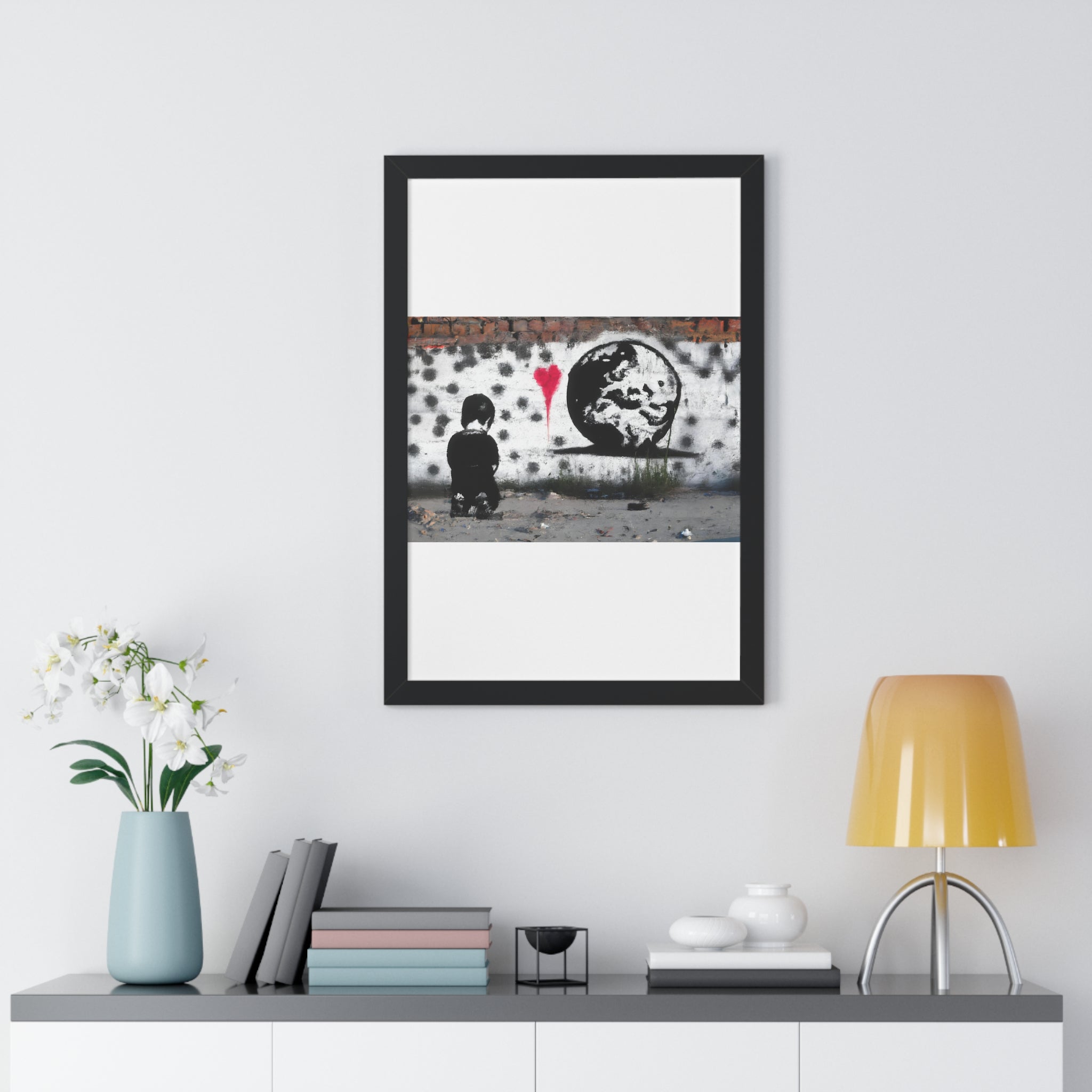 "BANKSY-STYLE GRAFFITI OF A SAD CHILD LOOKING AT DESTROYED EARTH" Framed Vertical Poster