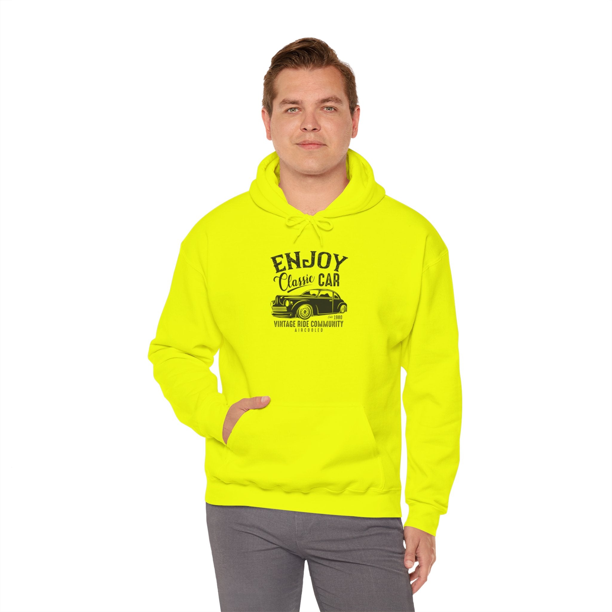 "ENJOY CLASSIC CAR VINTAGE RIDE COMMUNITY AIR-COOLED" Unisex Heavy Blend™ Hooded Sweatshirt