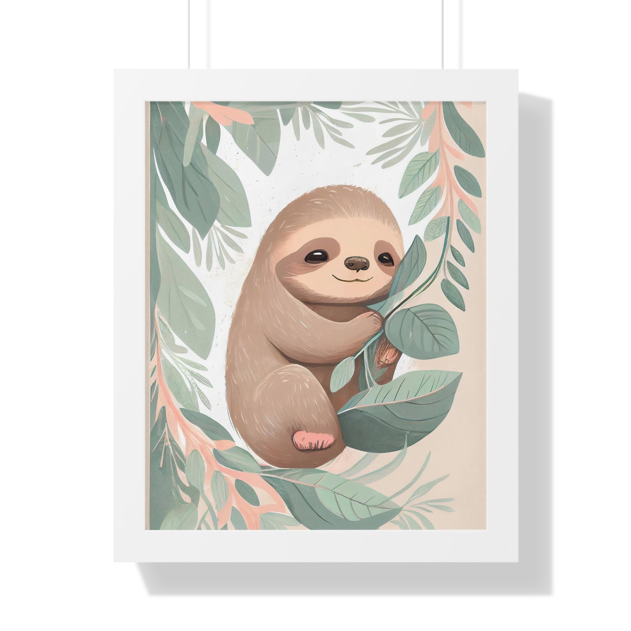 "ABSTRACT BABY SLOTH ON LEAF" Framed Vertical Poster