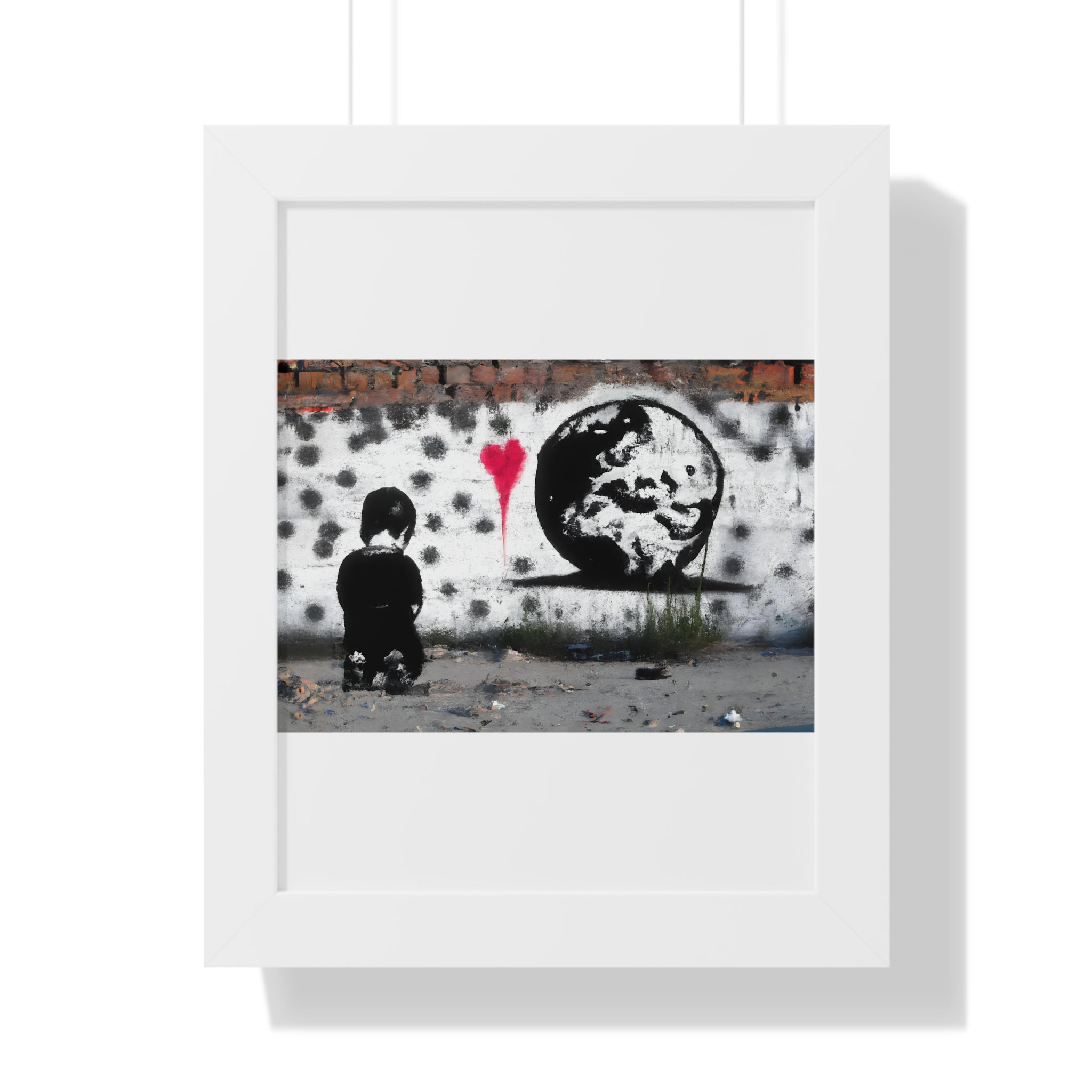 "BANKSY-STYLE GRAFFITI OF A SAD CHILD LOOKING AT DESTROYED EARTH" Framed Vertical Poster