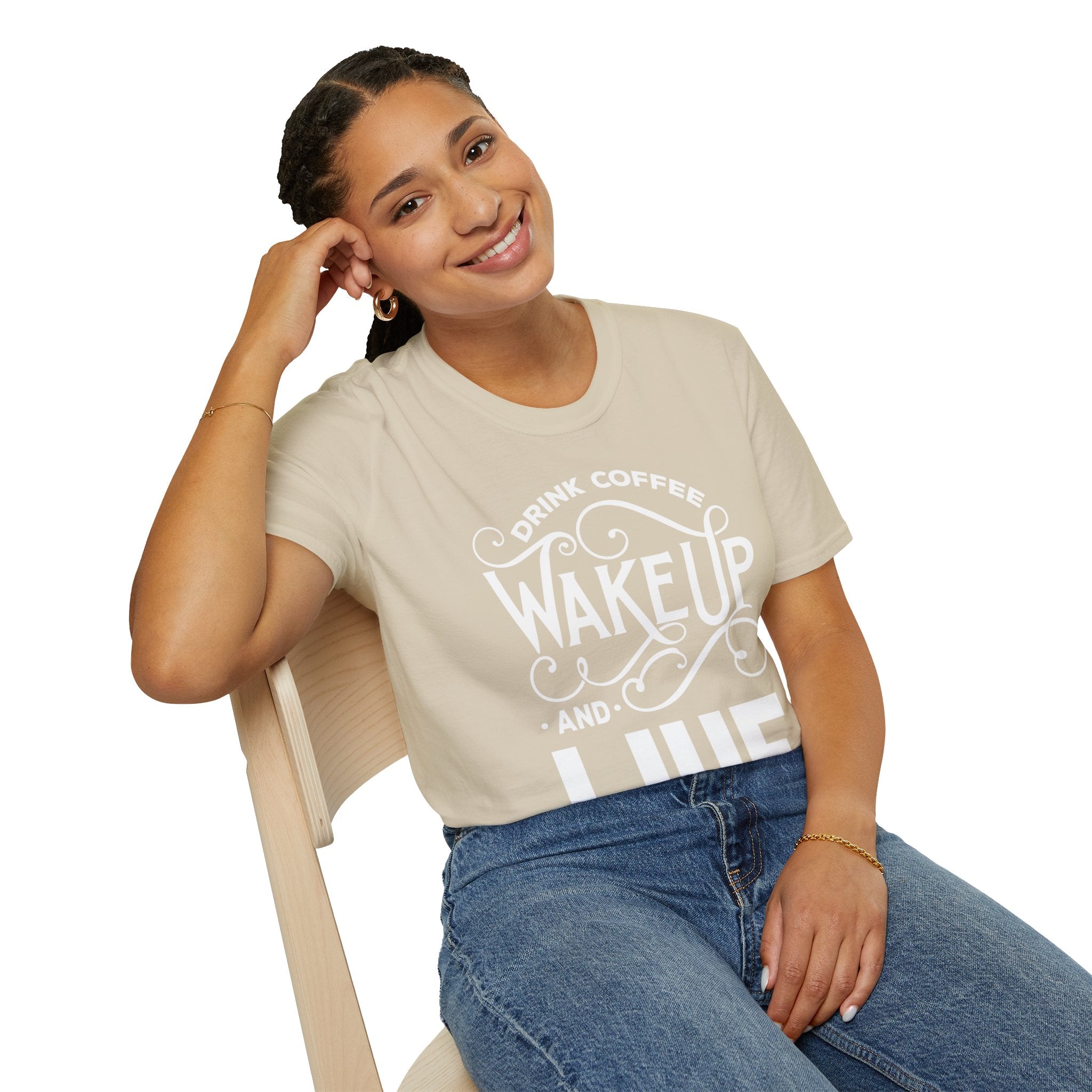 "DRINK COFFEE WAKE UP AND LIVE" Unisex Soft style T-Shirt