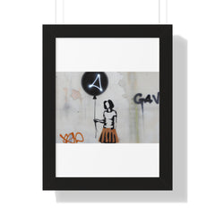 "BANKSY-STYLE GRAFFITI OF A WOMAN IN SKIRT HOLDING A BALLOON" Framed Vertical Poster