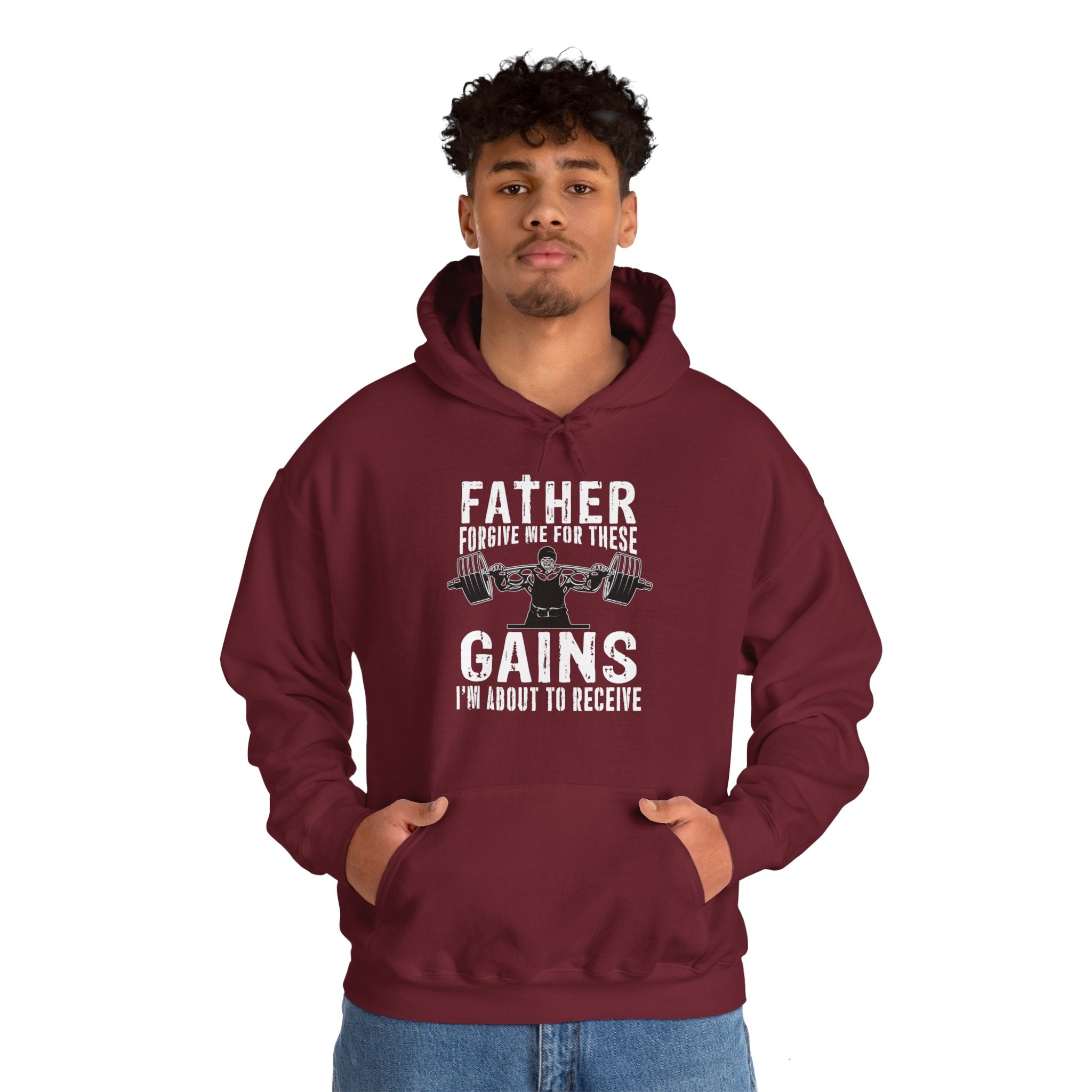 "Father Forgive Me For These Gains I M About  To Receive" Unisex Heavy Blend™ Hooded Sweatshirt