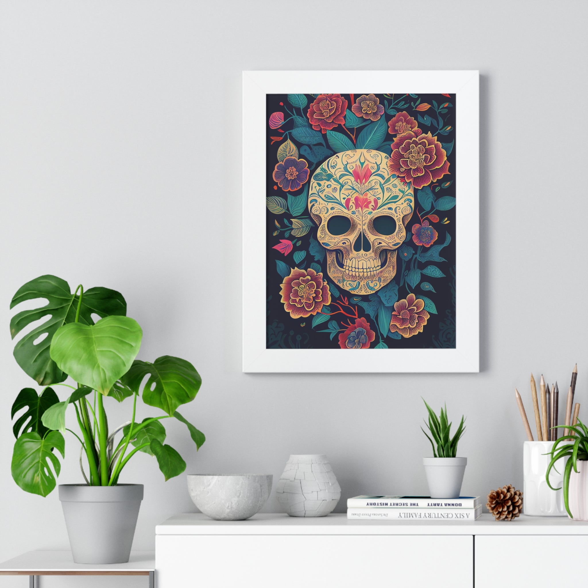 "BEIGE CHINOISERIE SUGAR SKULL" Framed Vertical Poster