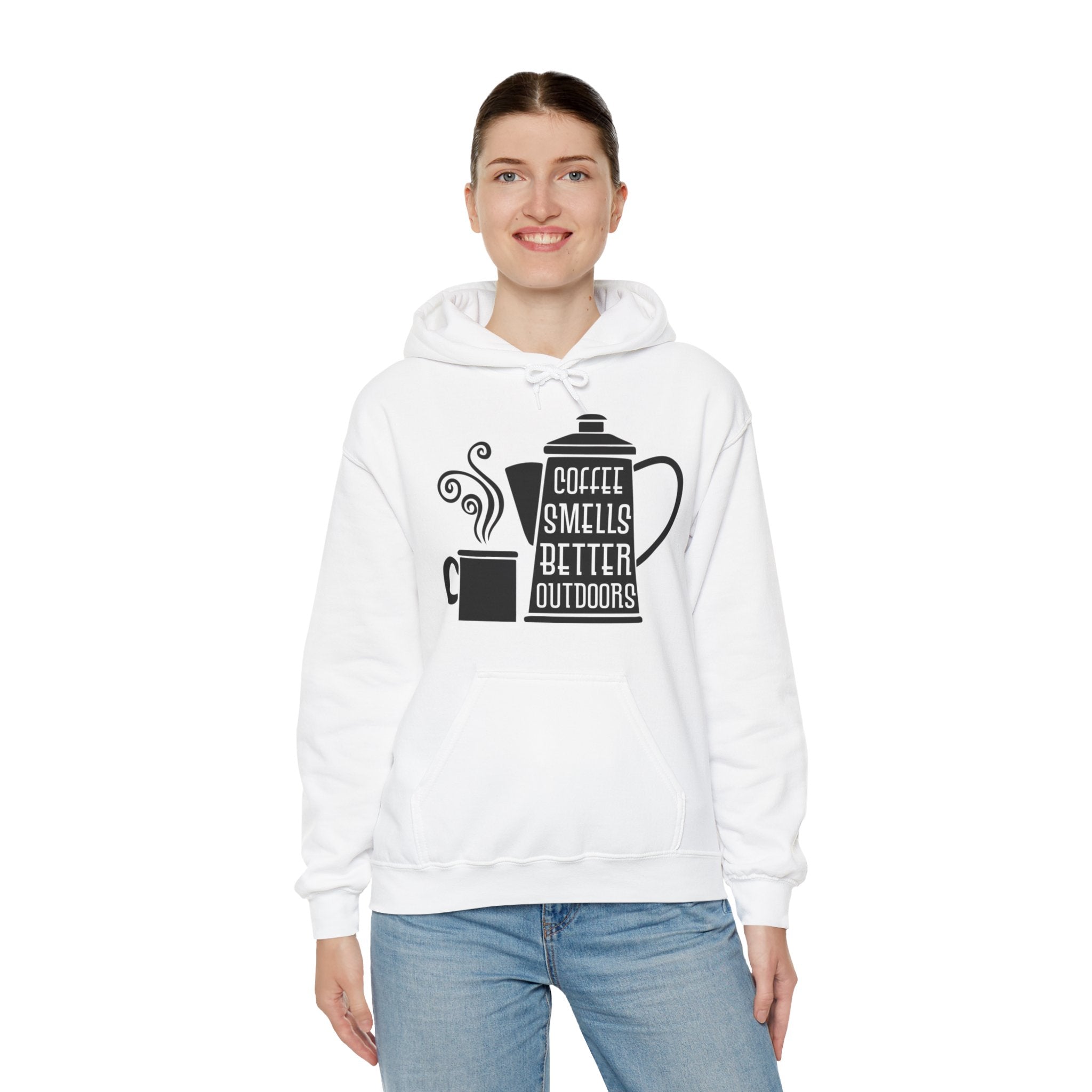 "COFFEE SMELLS BETTER OUTDOORS" Unisex Heavy Blend™ Hooded Sweatshirt