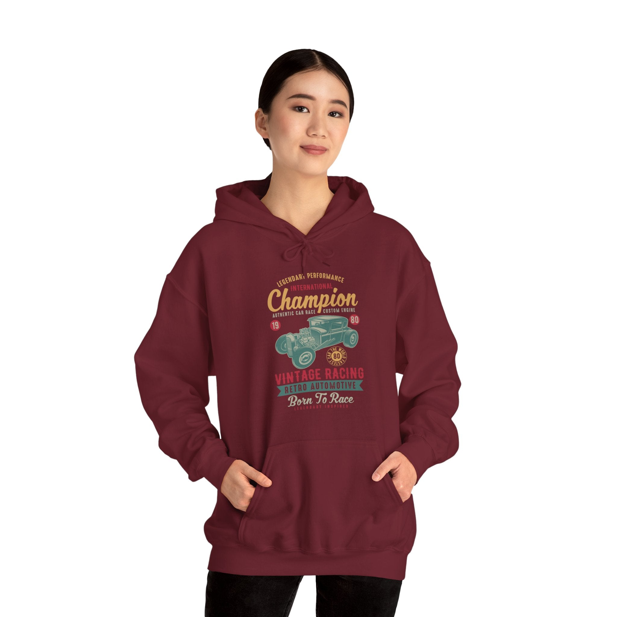 "CHAMPION VINTAGE RACING RETRO AUTOMATIVE BORN TO RACE" Unisex Heavy Blend™ Hooded Sweatshirt