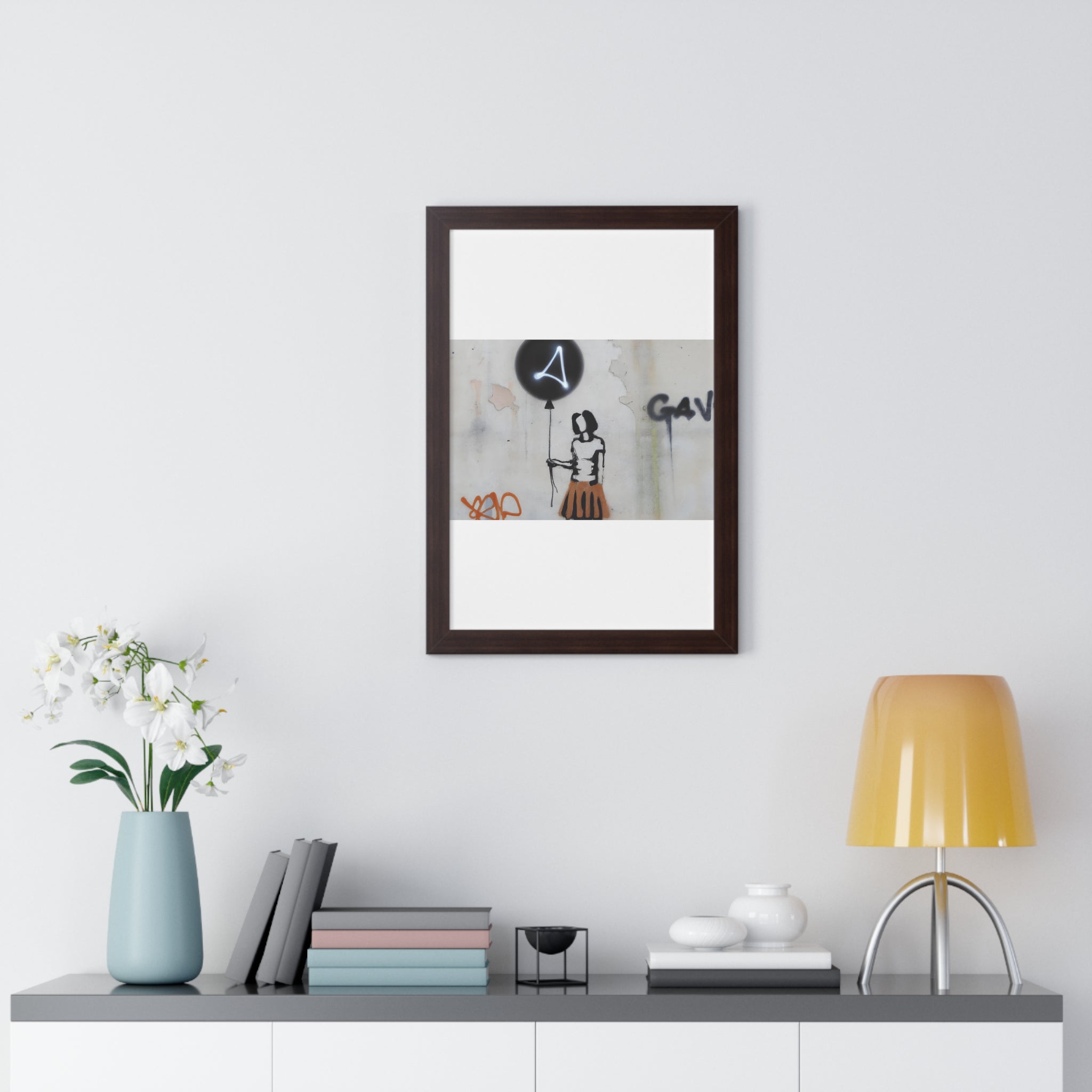 "BANKSY-STYLE GRAFFITI OF A WOMAN IN SKIRT HOLDING A BALLOON" Framed Vertical Poster