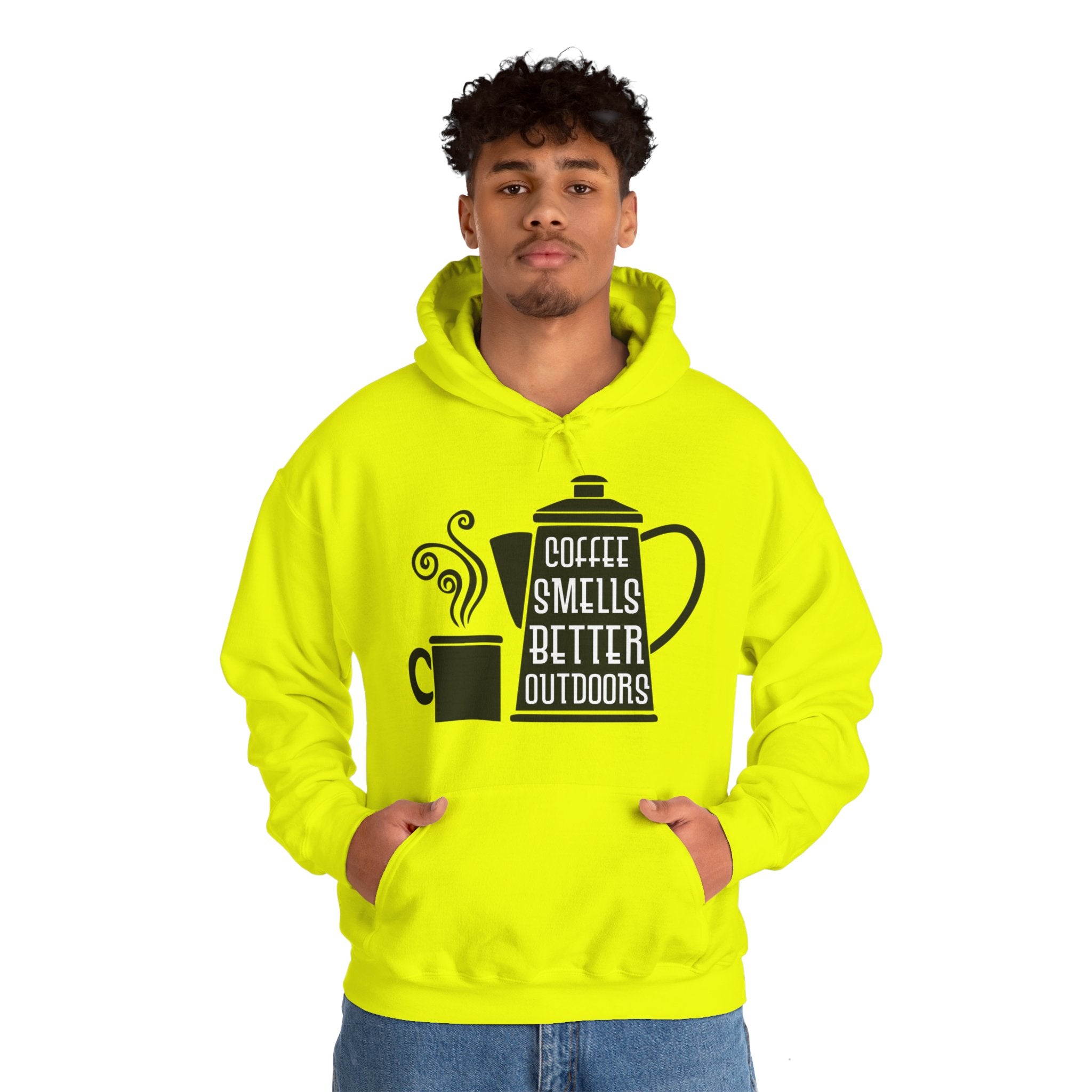 "COFFEE SMELLS BETTER OUTDOORS" Unisex Heavy Blend™ Hooded Sweatshirt