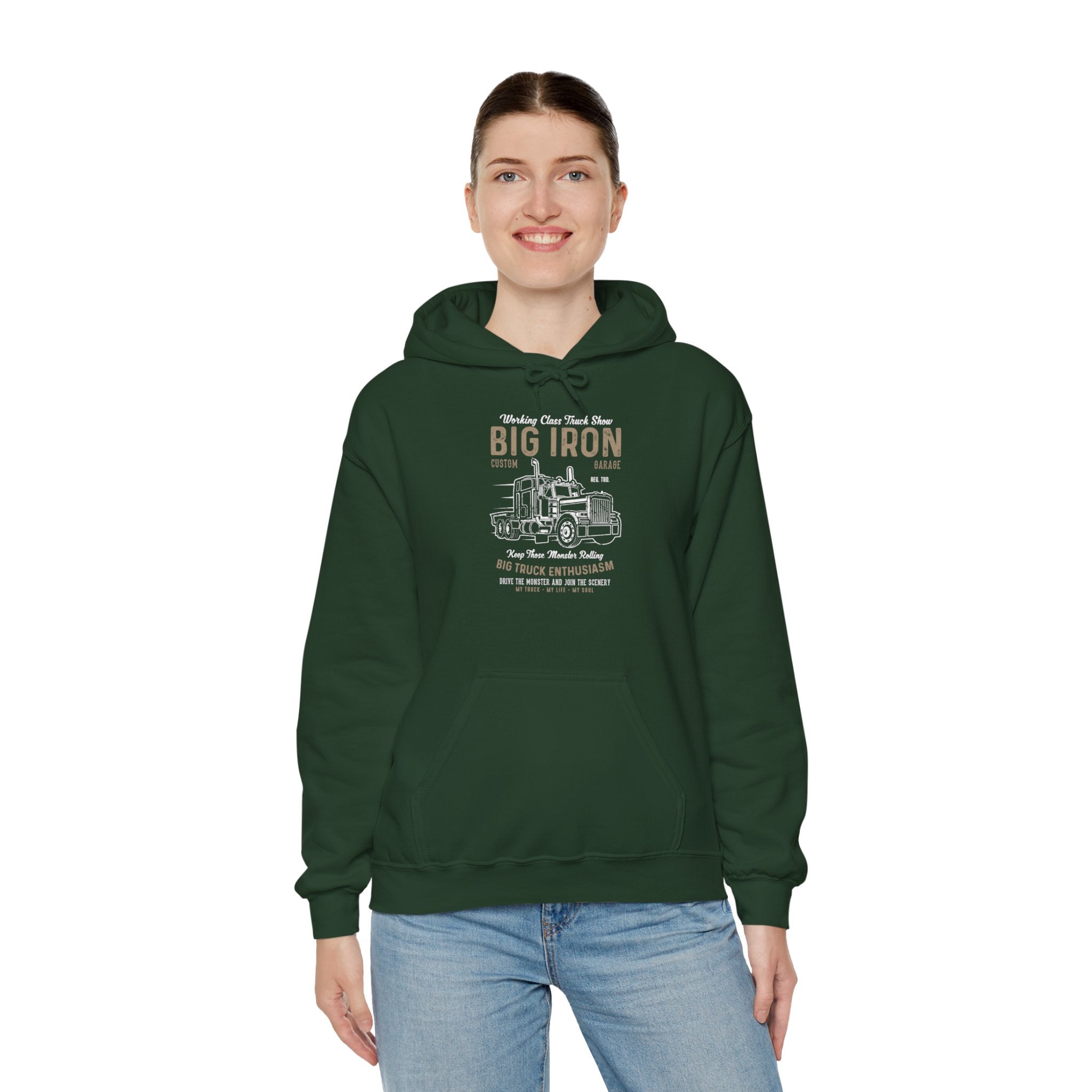 "BIG IRON CUSTOM GARAGE BIG TRUCK ENTHUSIASM" Unisex Heavy Blend™ Hooded Sweatshirt