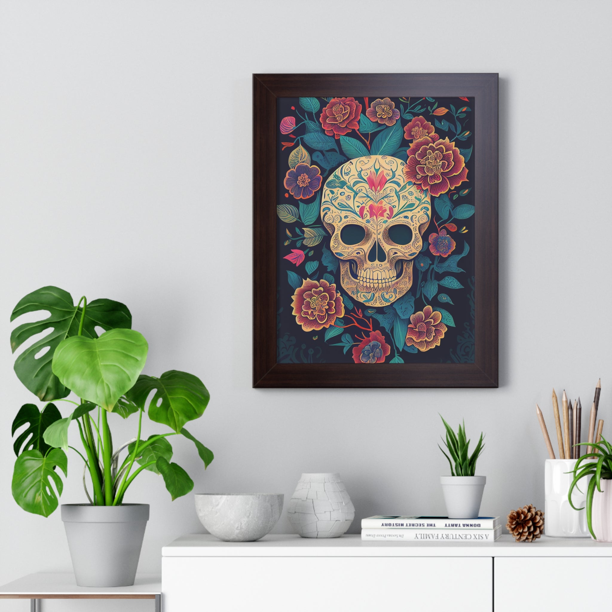 "BEIGE CHINOISERIE SUGAR SKULL" Framed Vertical Poster