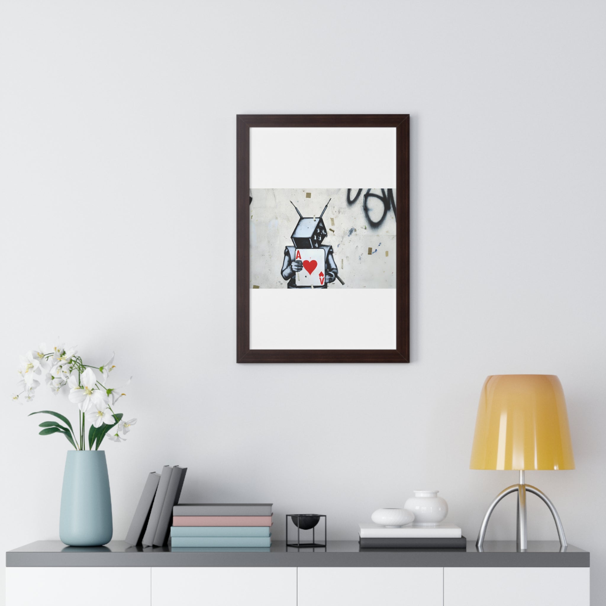 "BANKSY-STYLE GRAFFITI OF A ROBOT PLAYING CARDS" Framed Vertical Poster