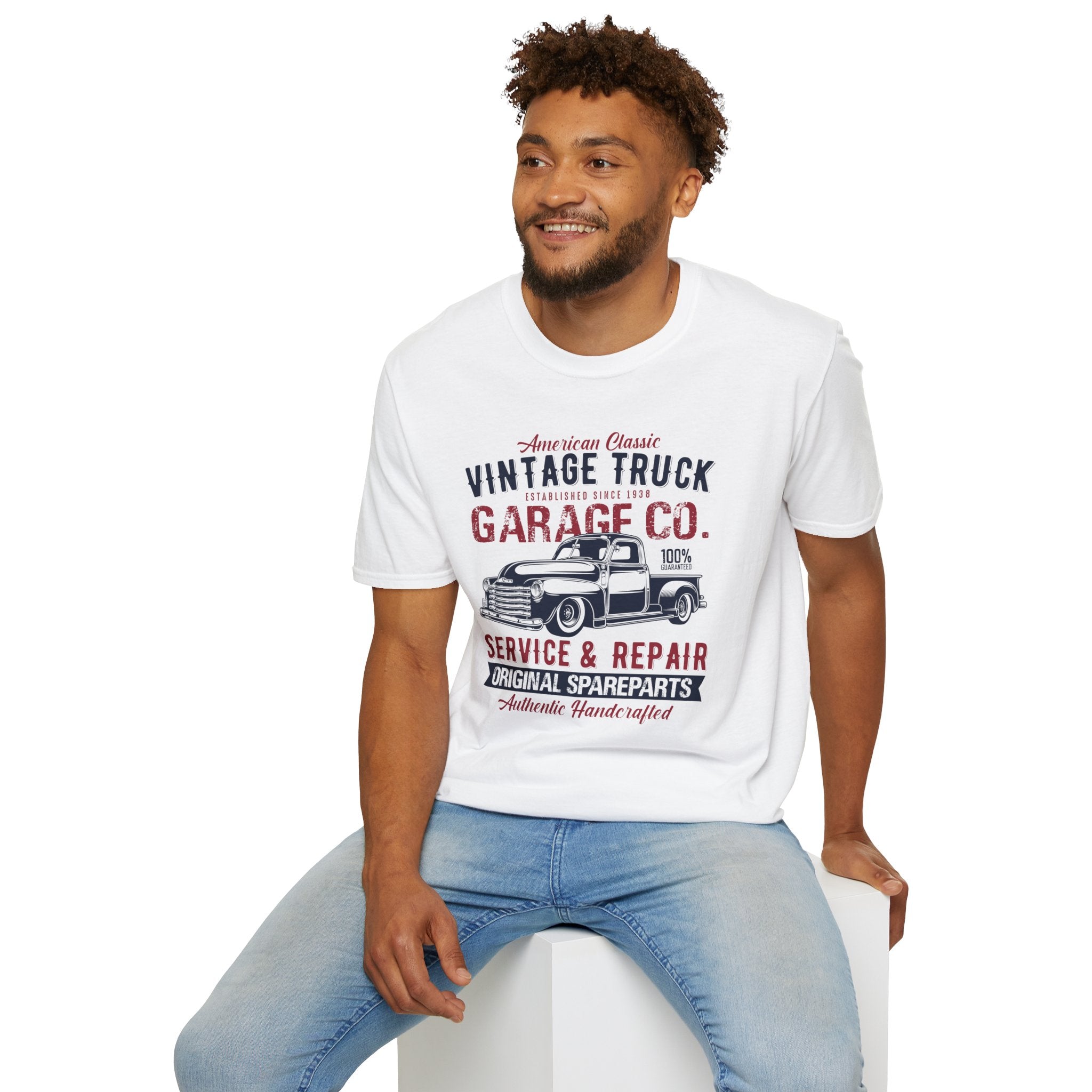 "AMERICAN CLASSIC VINTAGE TRUCK ESTABLISHED SINCE 1938 GARAGE CO. SERVICE & REPAIR ORIGINAL SPARE PARTS AUTHENTIC HANDCRAFTED" Unisex Soft style T-Shirt