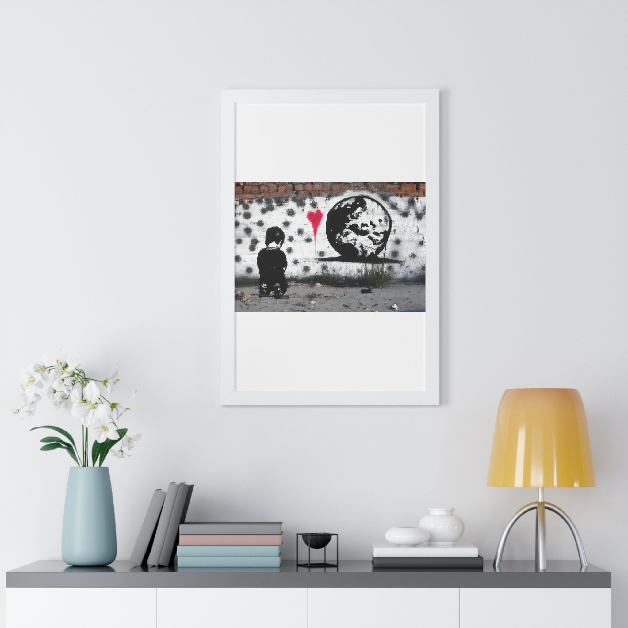 "BANKSY-STYLE GRAFFITI OF A SAD CHILD LOOKING AT DESTROYED EARTH" Framed Vertical Poster