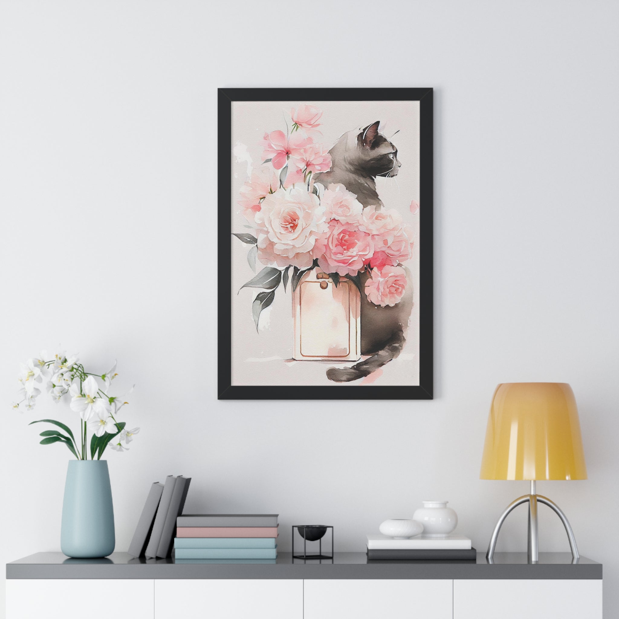 "BLACK CAT PERFUME PEONIES" Framed Vertical Poster