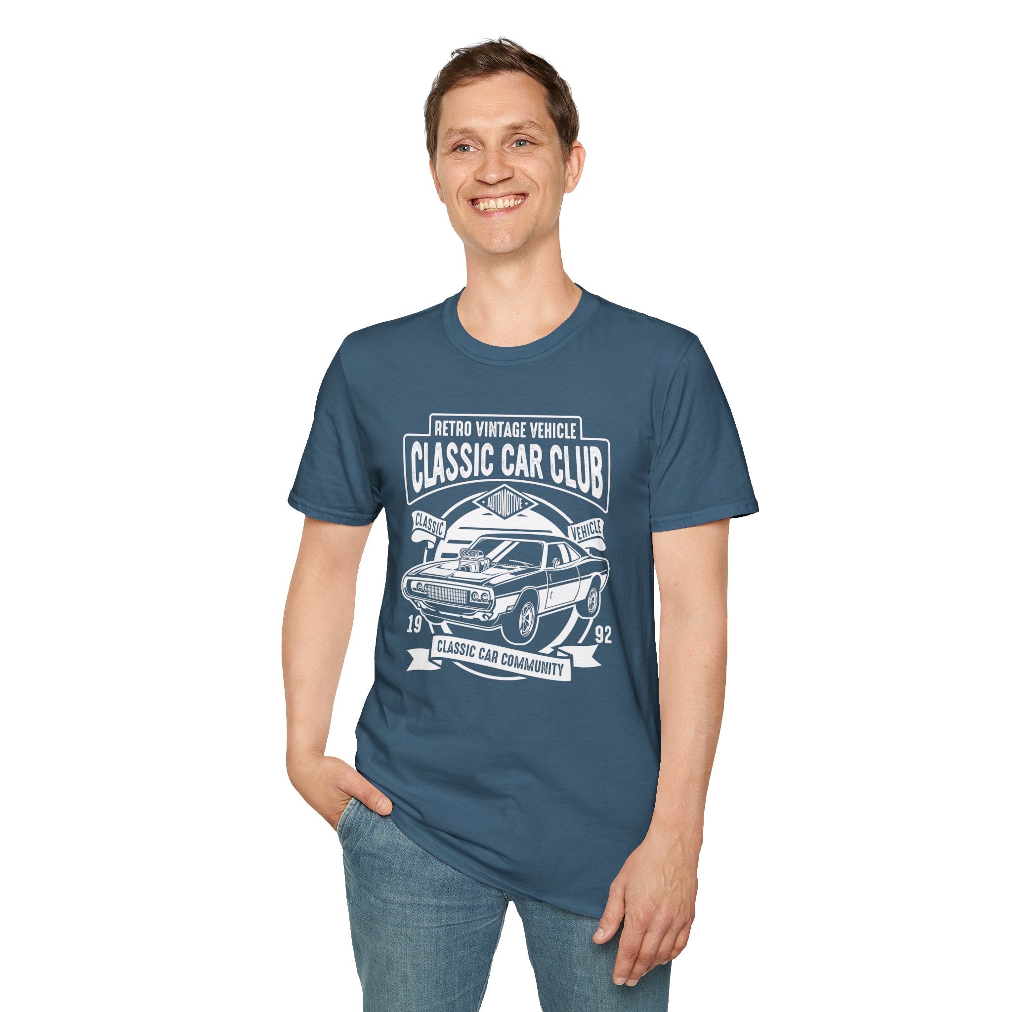 "RETRO VINTAGE VEHICLE CLASSIC CAR CLUB CLASSIC CAR COMMUNITY" Unisex Soft style T-Shirt